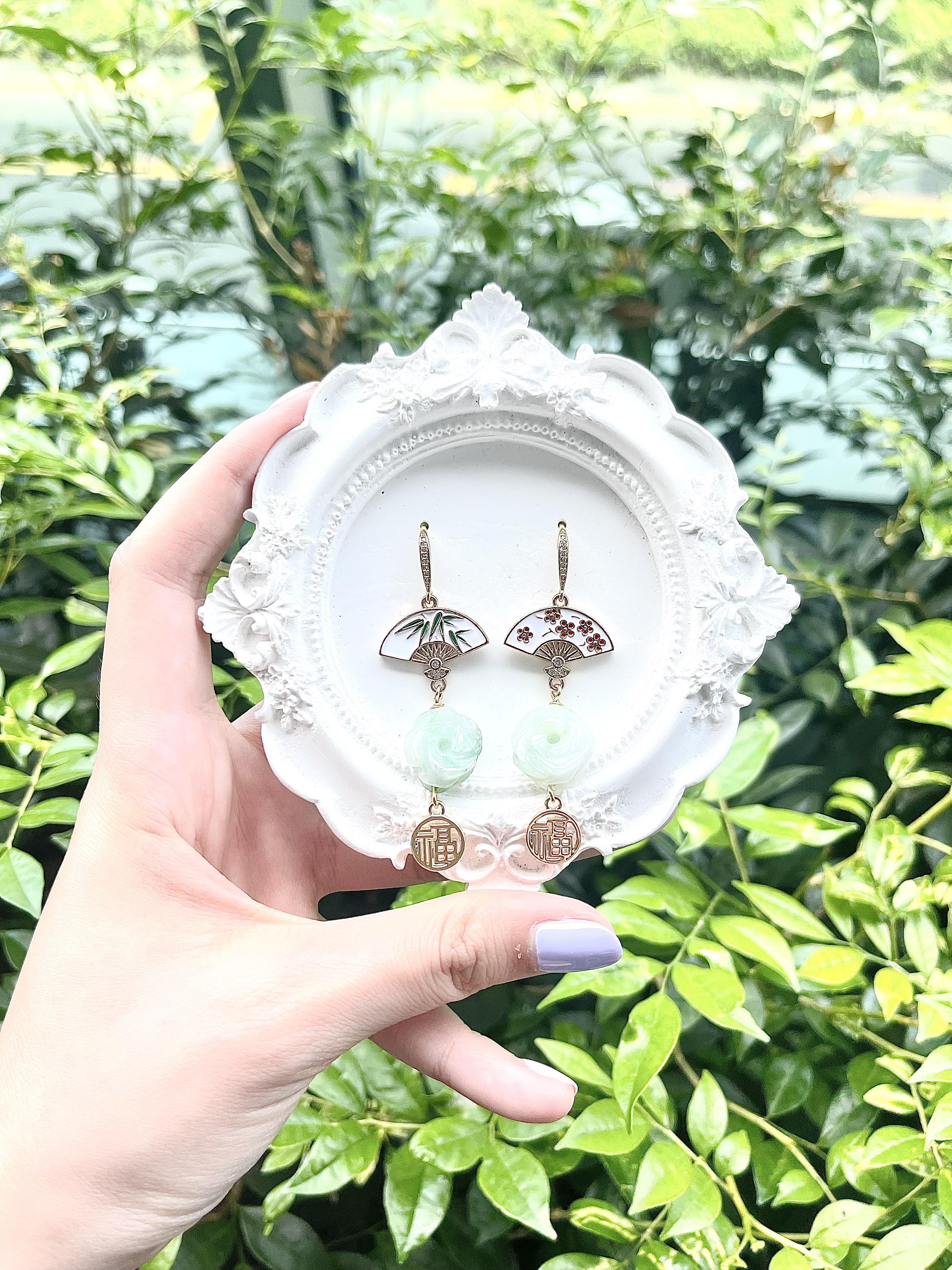 Jade Rose with "福" and Oriental Fans Earring