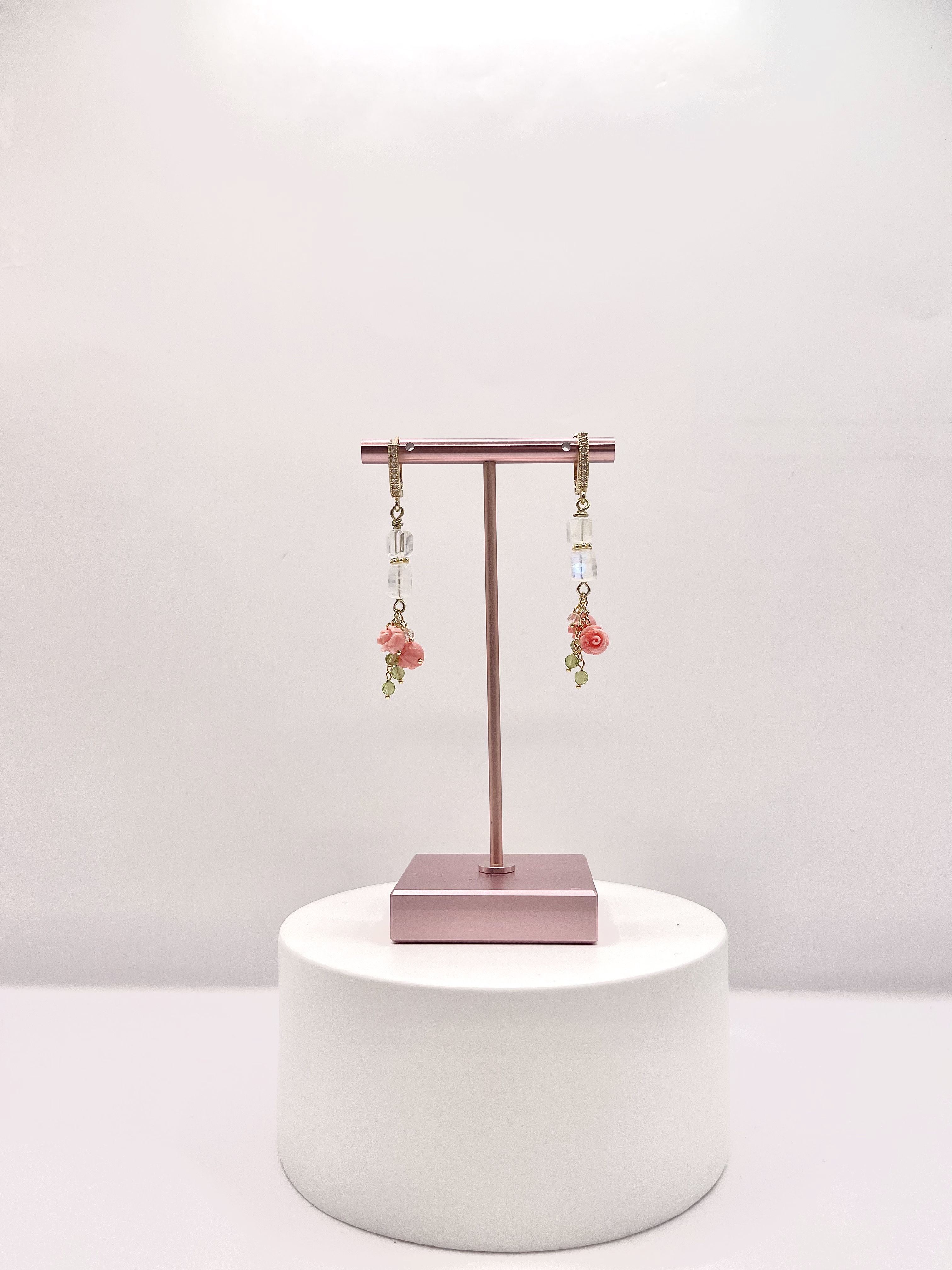 Barrel Rainbow Sheen Moonstone w Flowers Earring