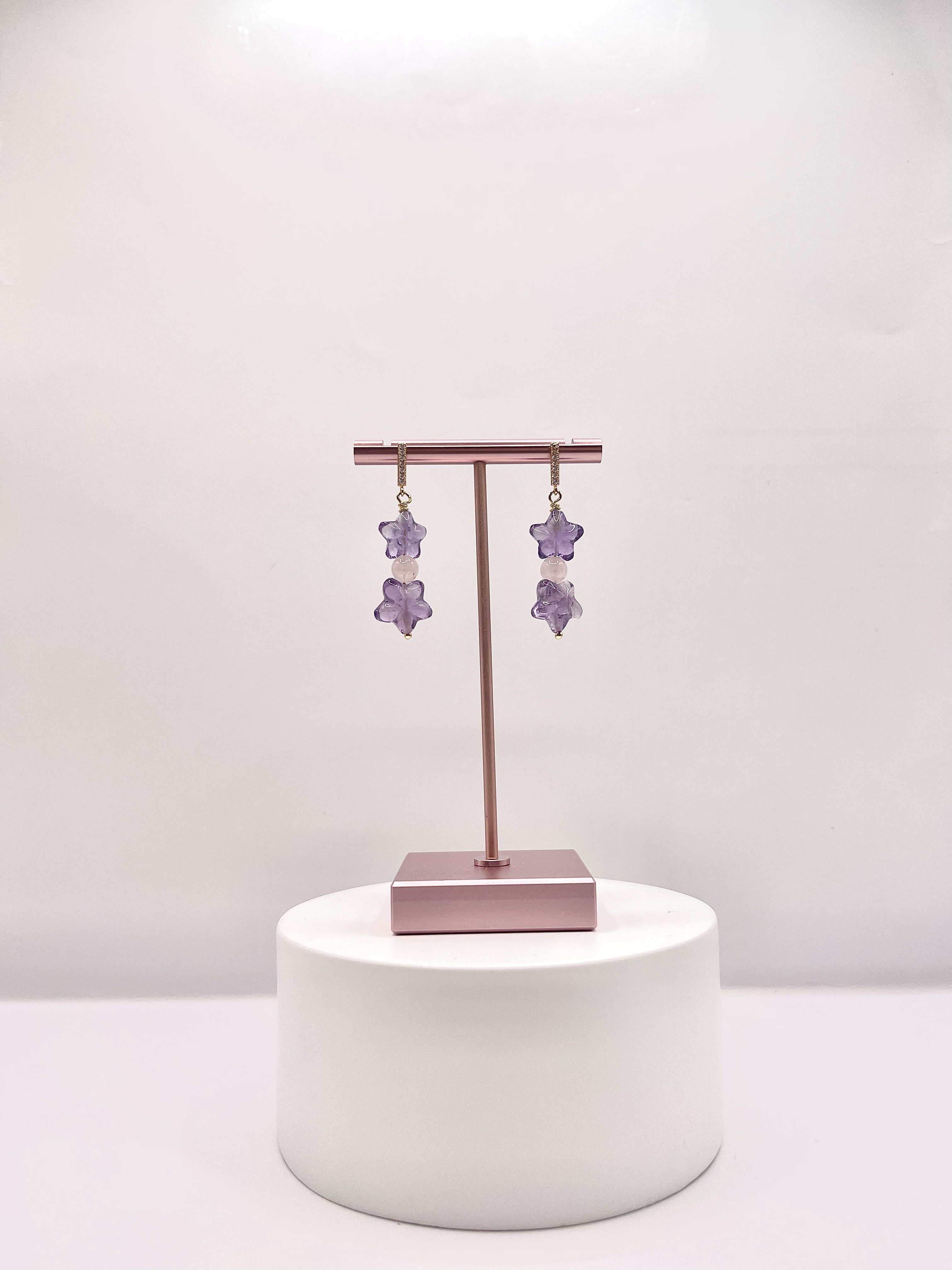 Double Purple Amethyst Star with Rose Quartz Earring
