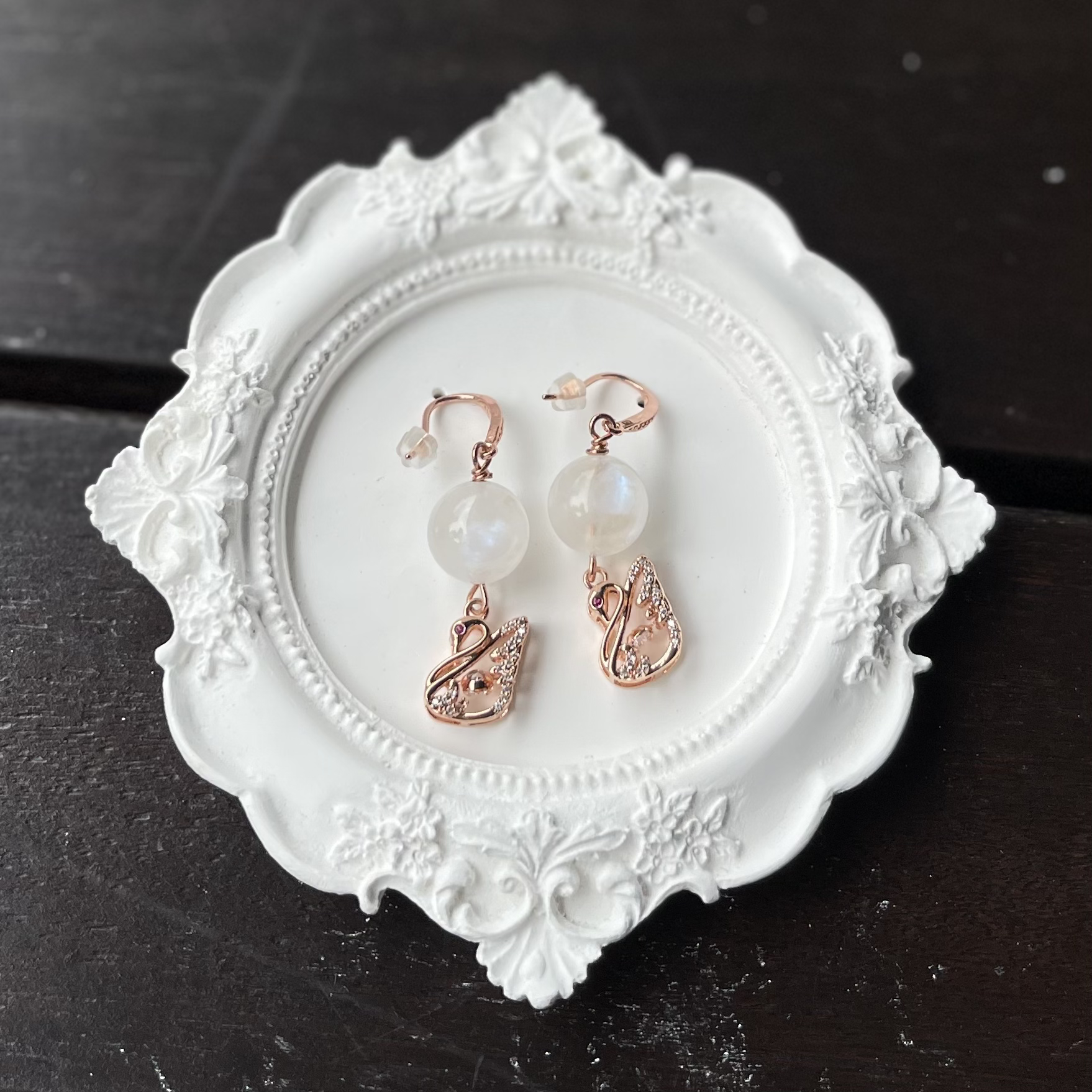 Blue Sheen Moonstone Swan Earring