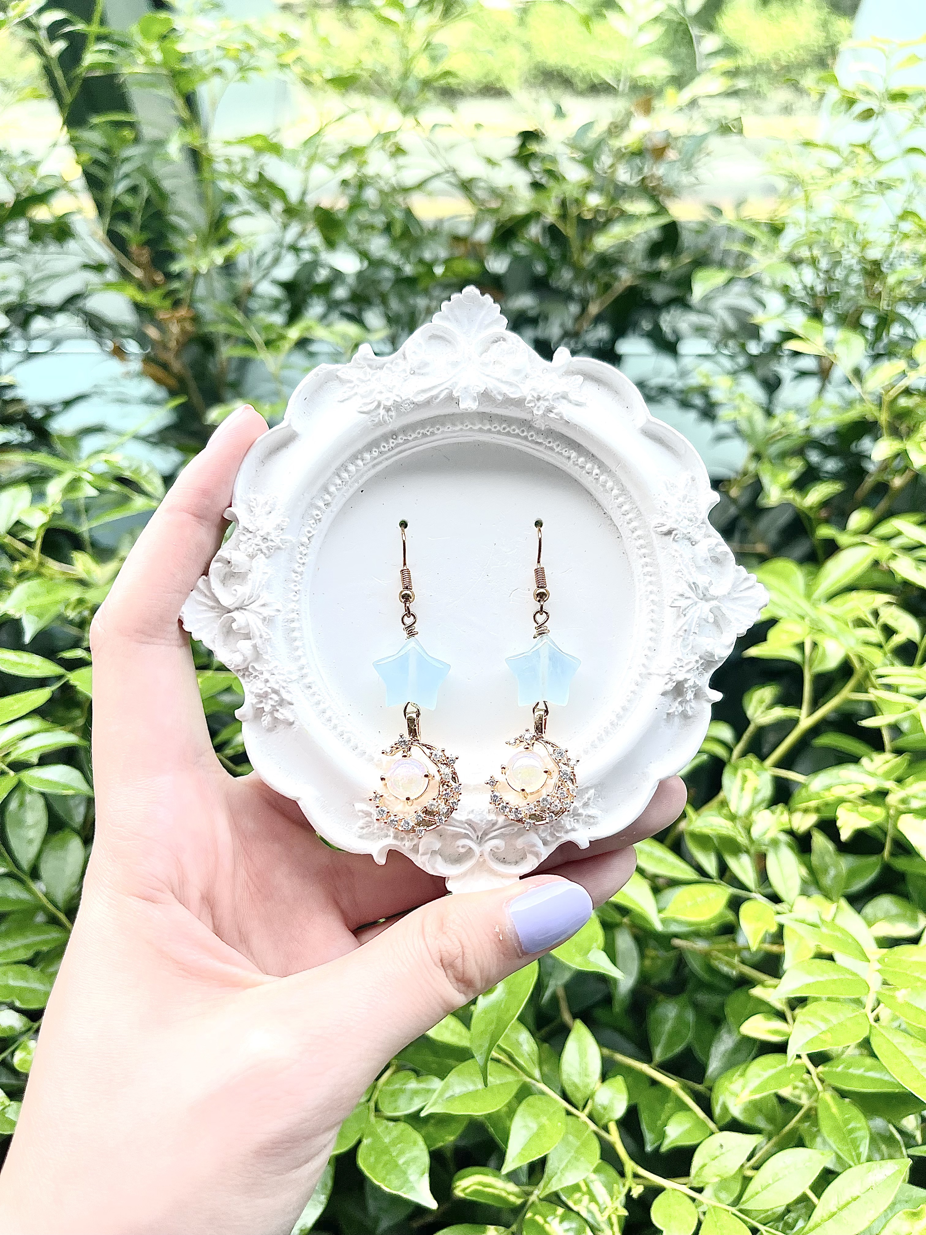 Aquamarine Stars with Intricate Crescent Moon Earring