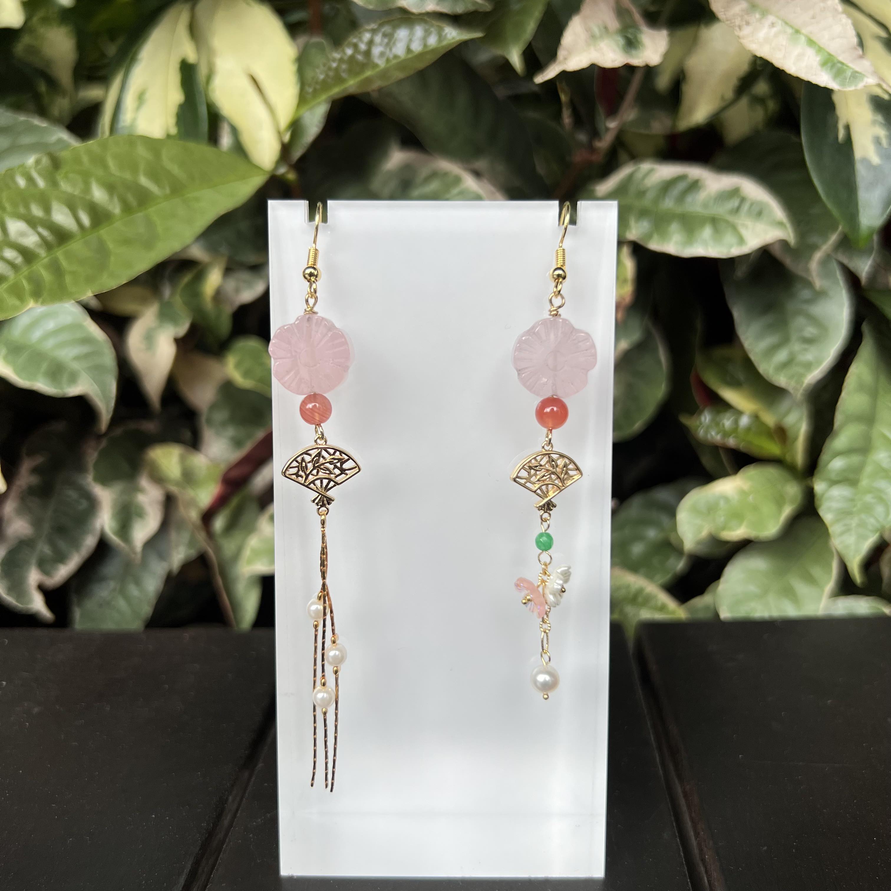 Rose Quartz Flower w Sakura Fans Earring