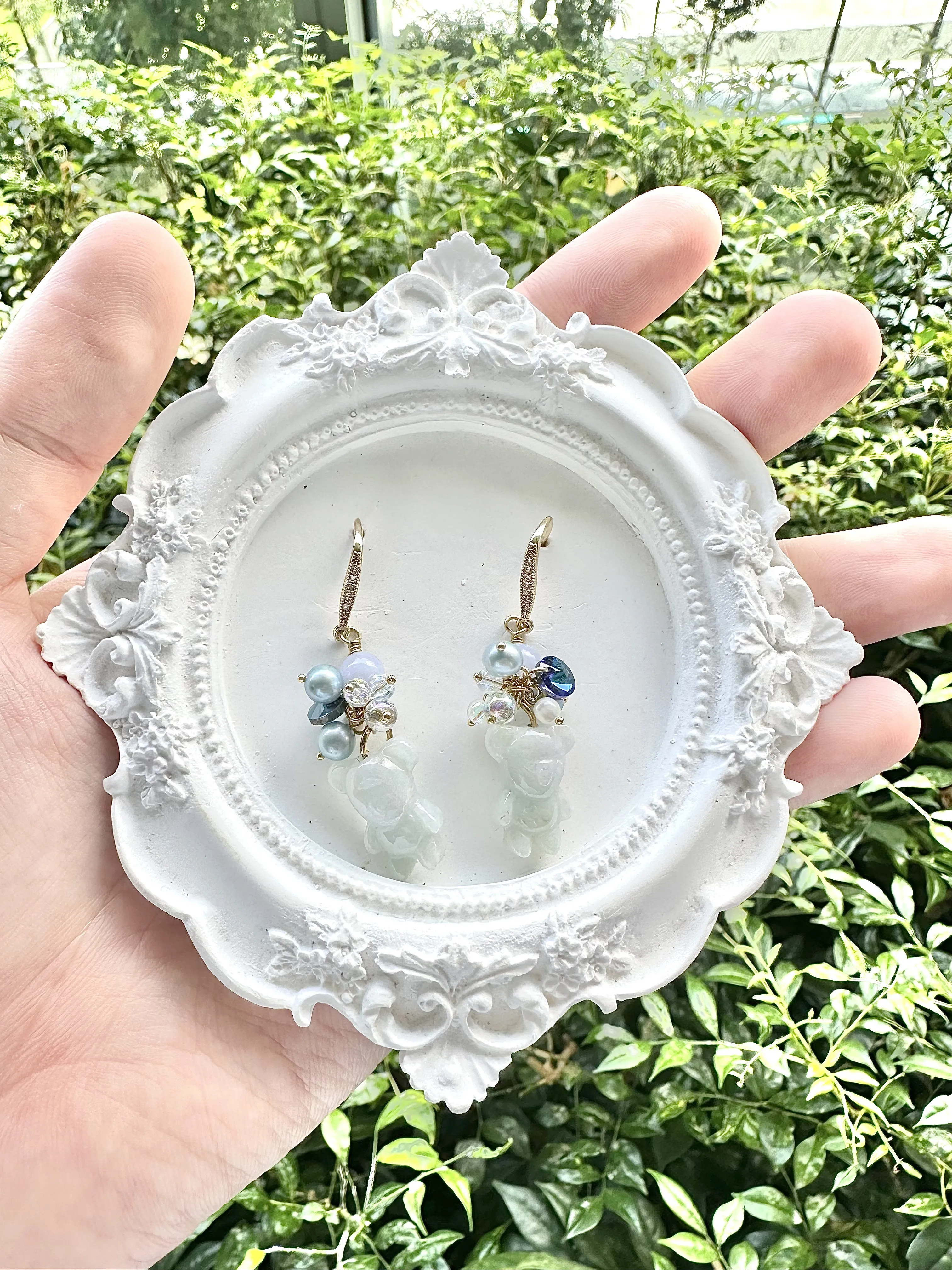 Jade Bear w Blue Sparkle Earring