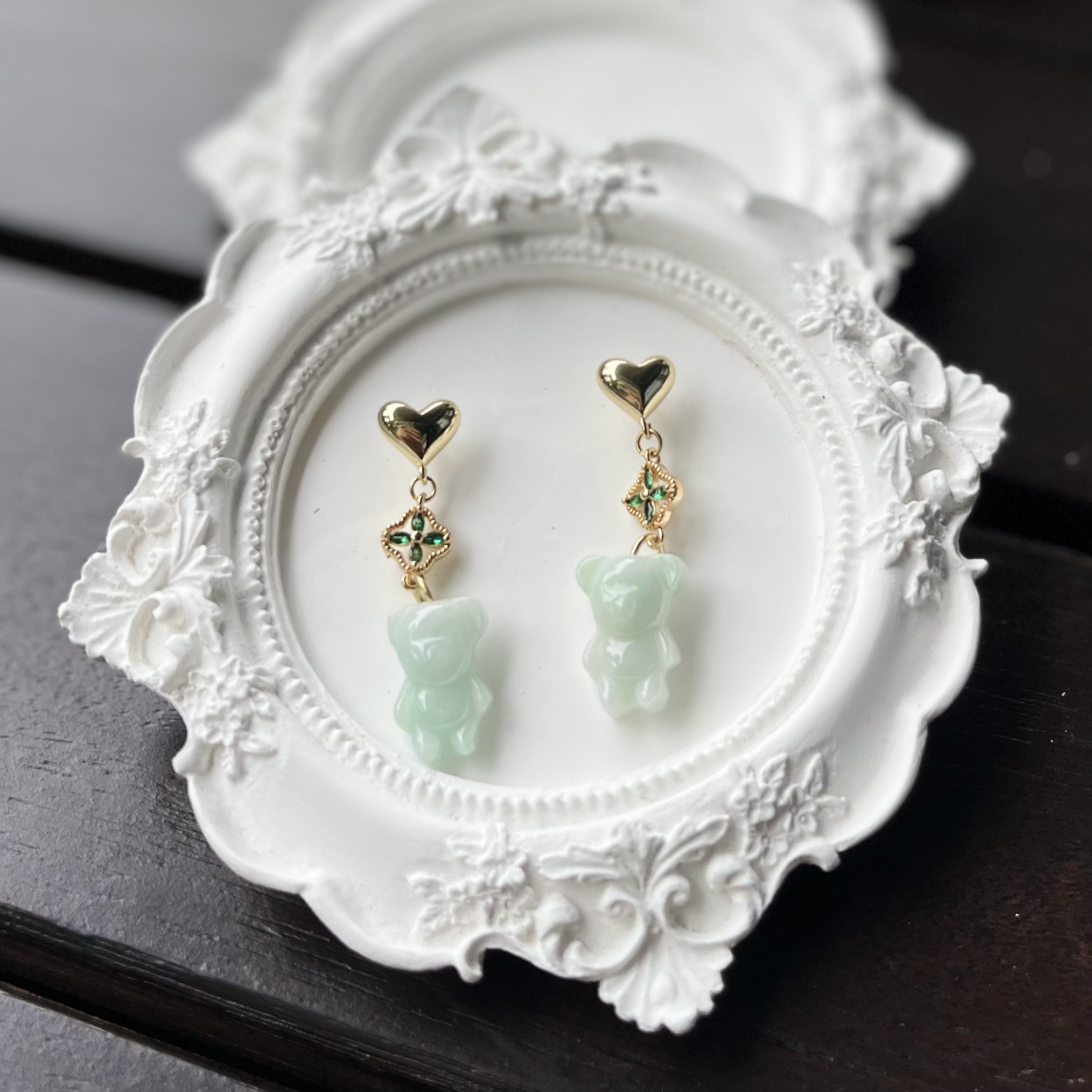 Jade Bear Emerald Flower Earring