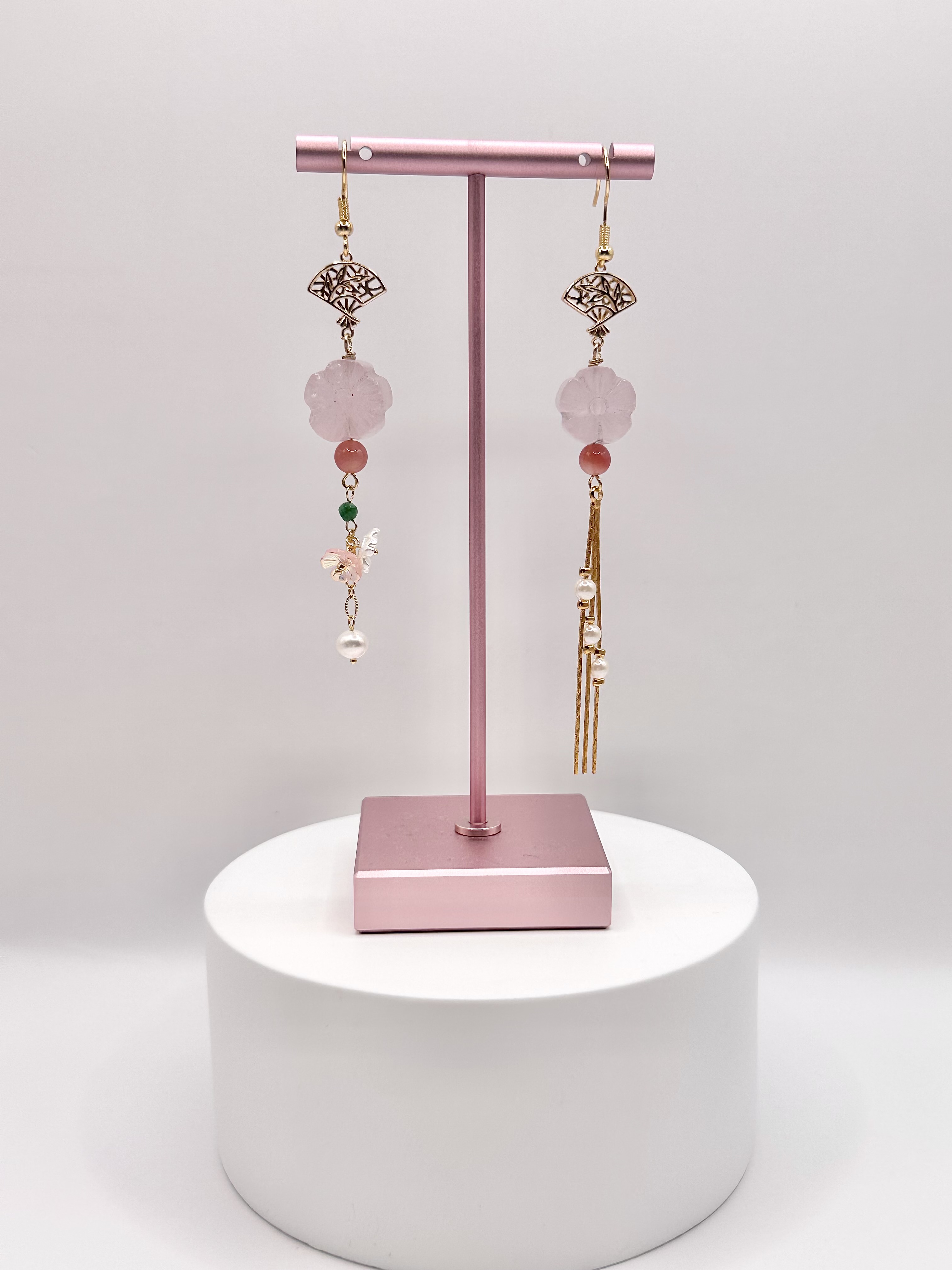 Rose Quartz Flower w Sakura Fans Earring