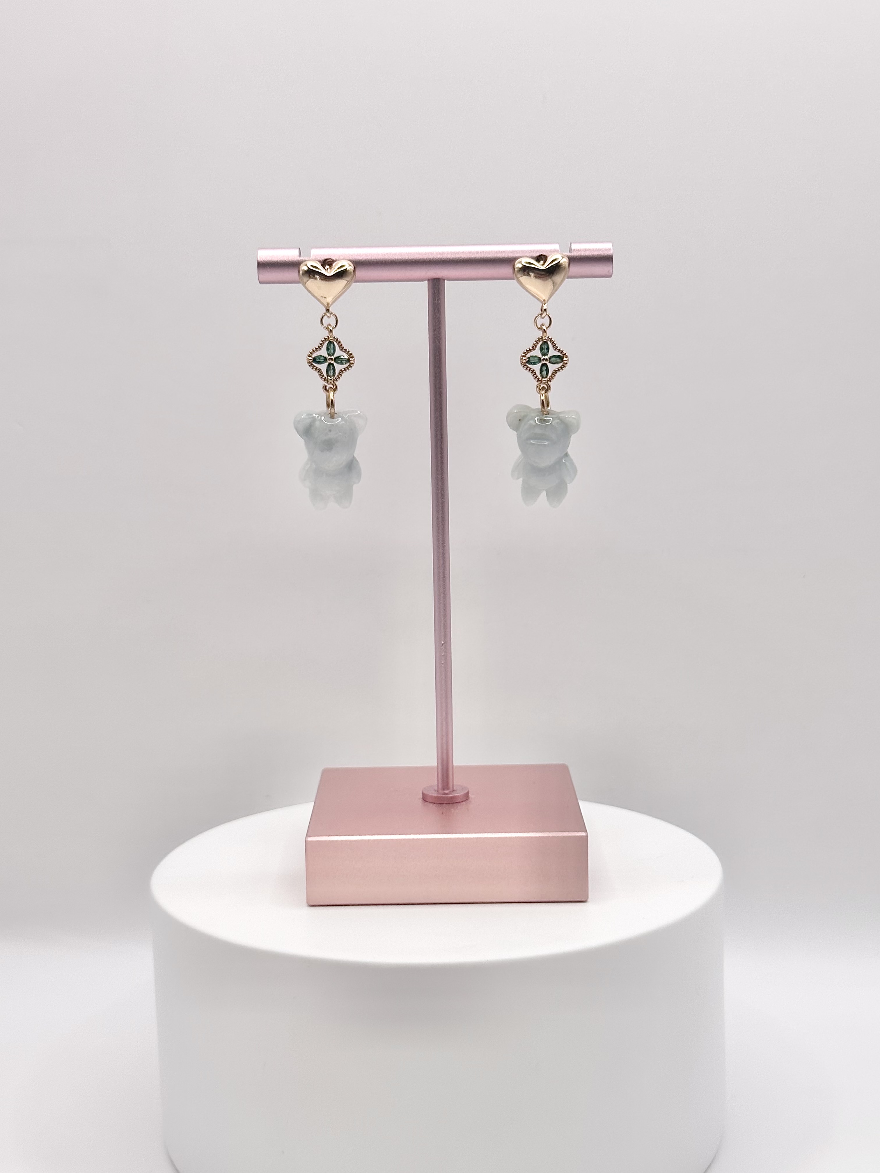 Jade Bear Emerald Crystal Flower Earring