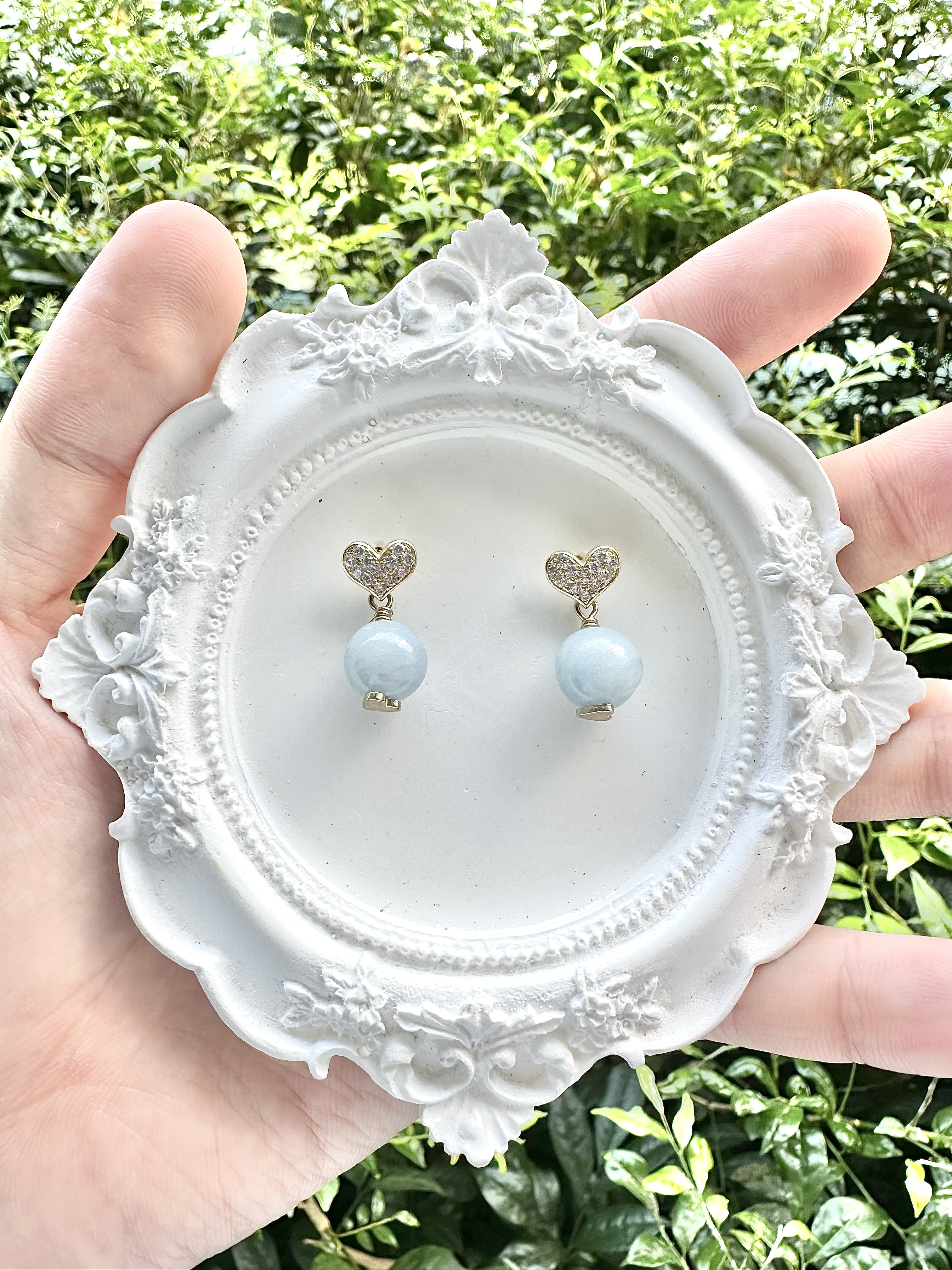 Milky Aquamarine with Gold Sparkle Heart Earring
