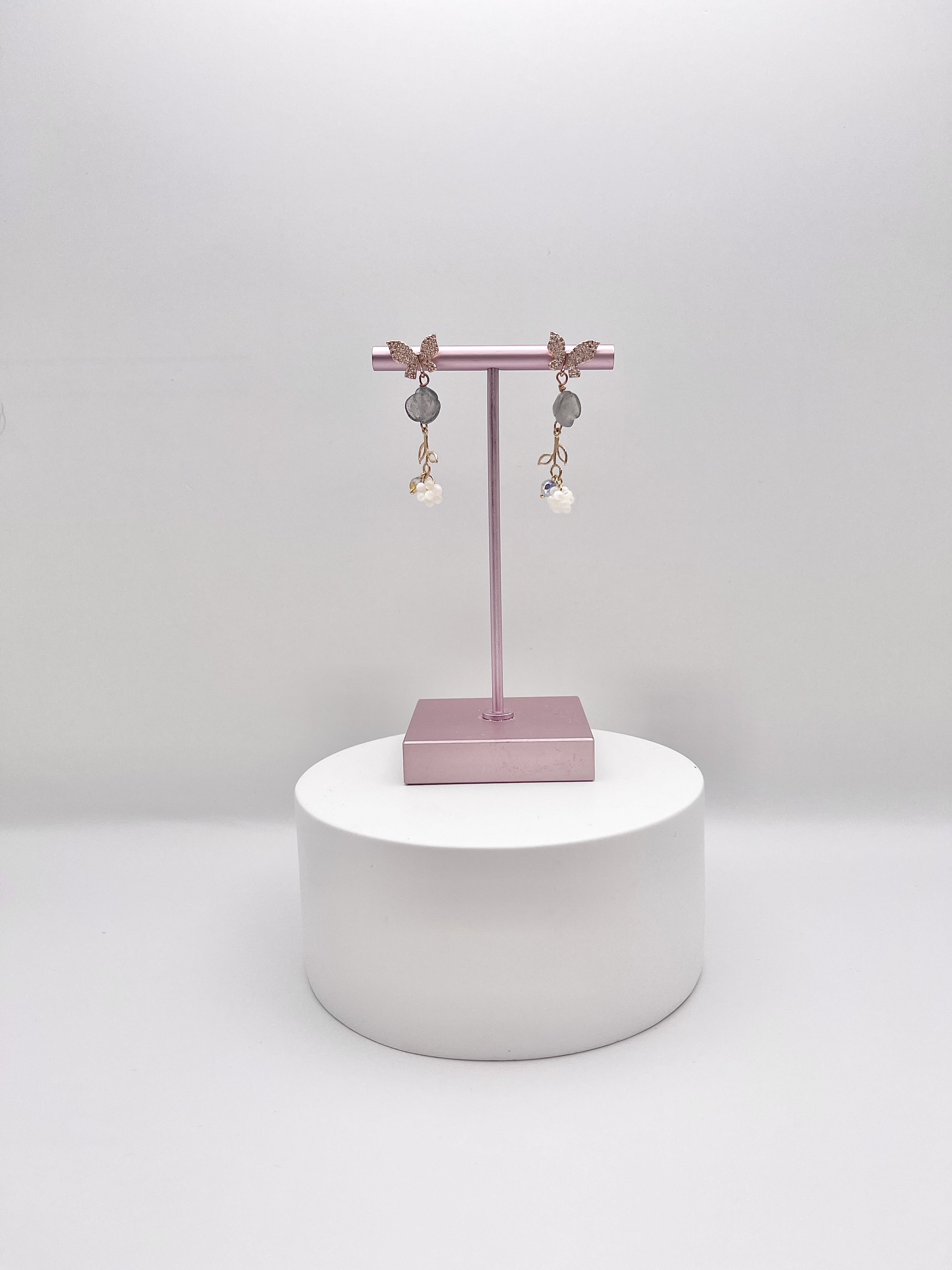 Mini Labradorite Rose with Butterfly and Flower Adornments Earring