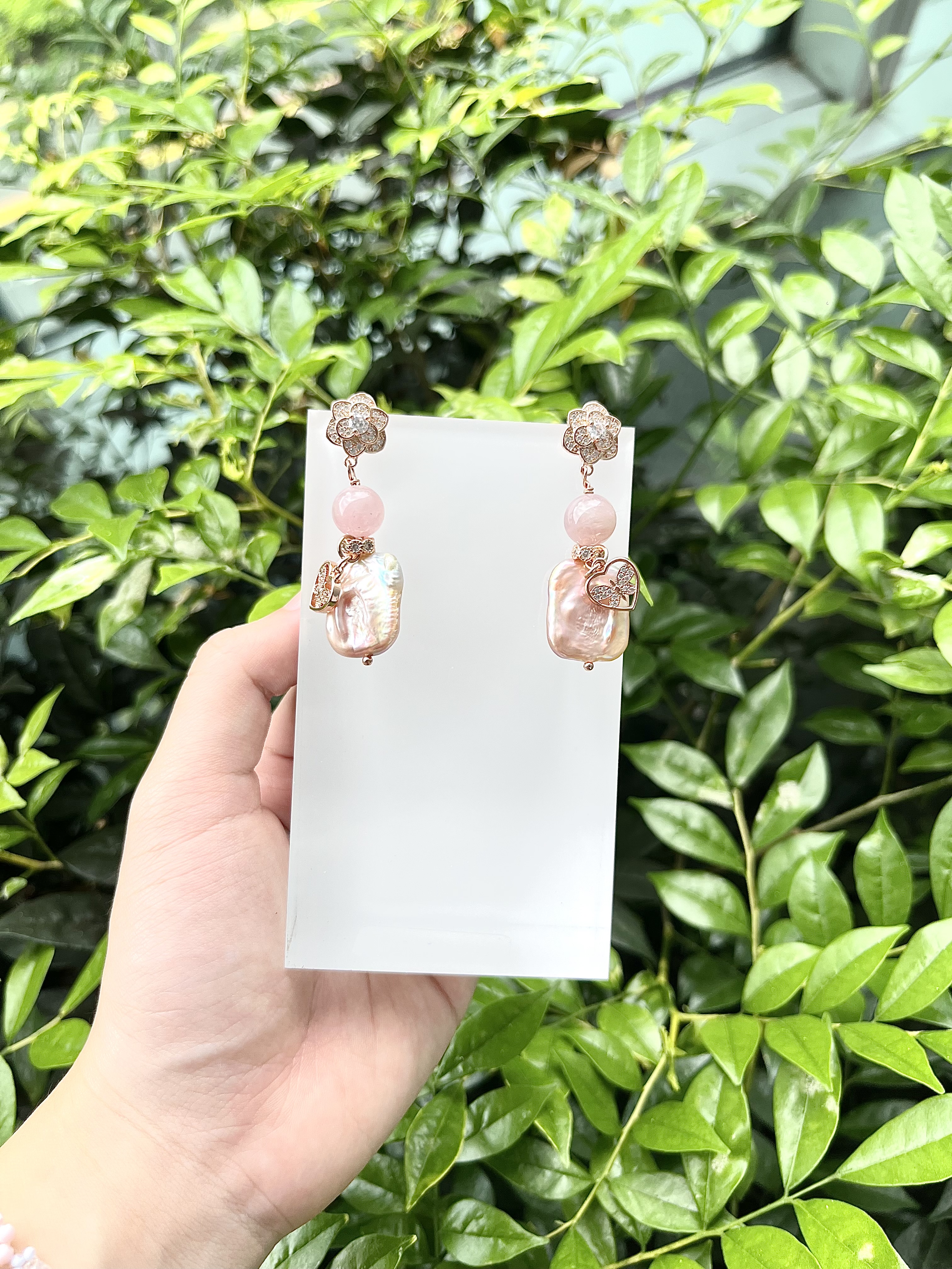 Madagascar Lavender Rose Quartz with Baroque Flat Pearl Earrings