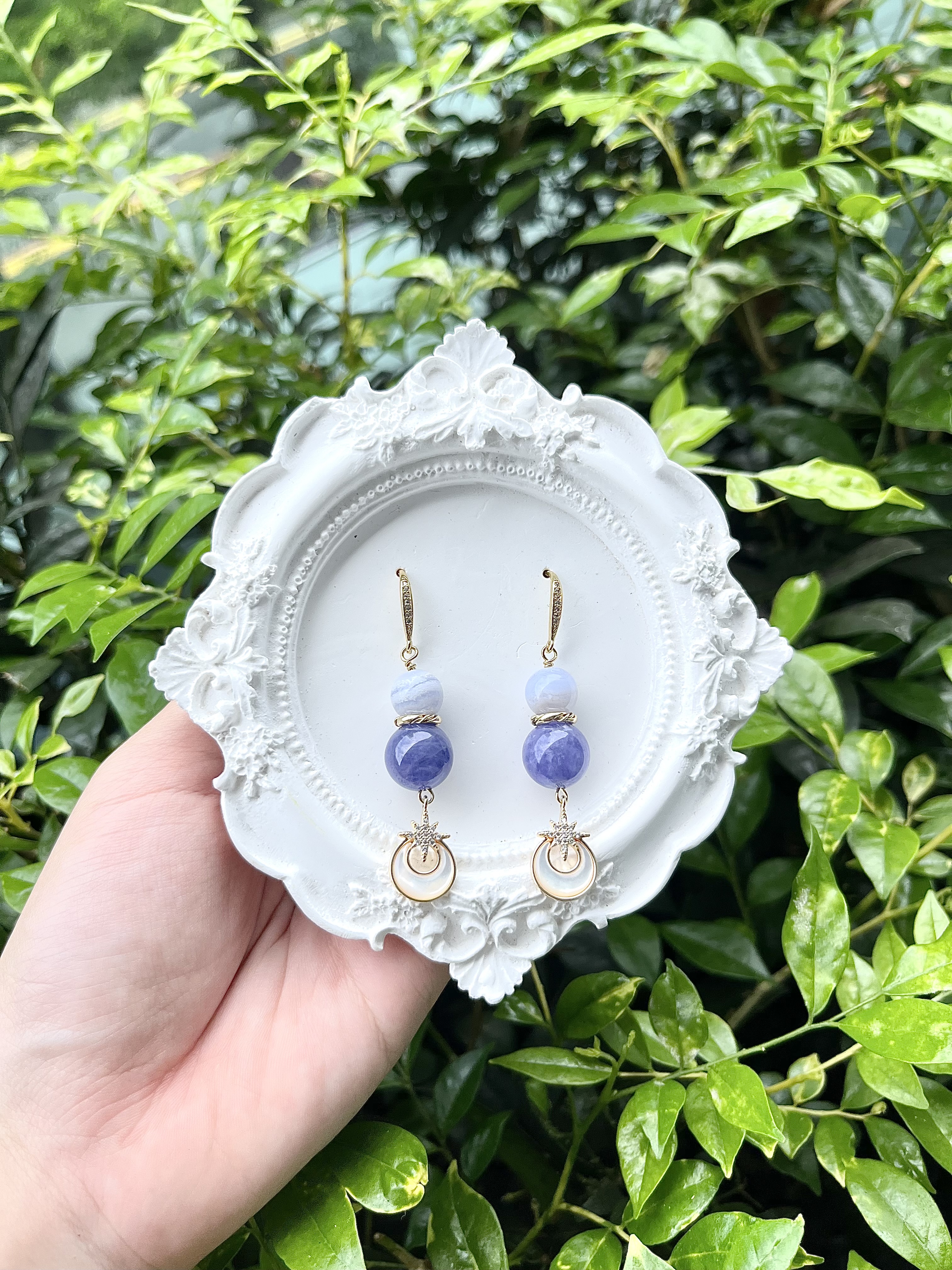 Tanzanite & Blue Lace with Golden Shell Pearl Crescent Earrings