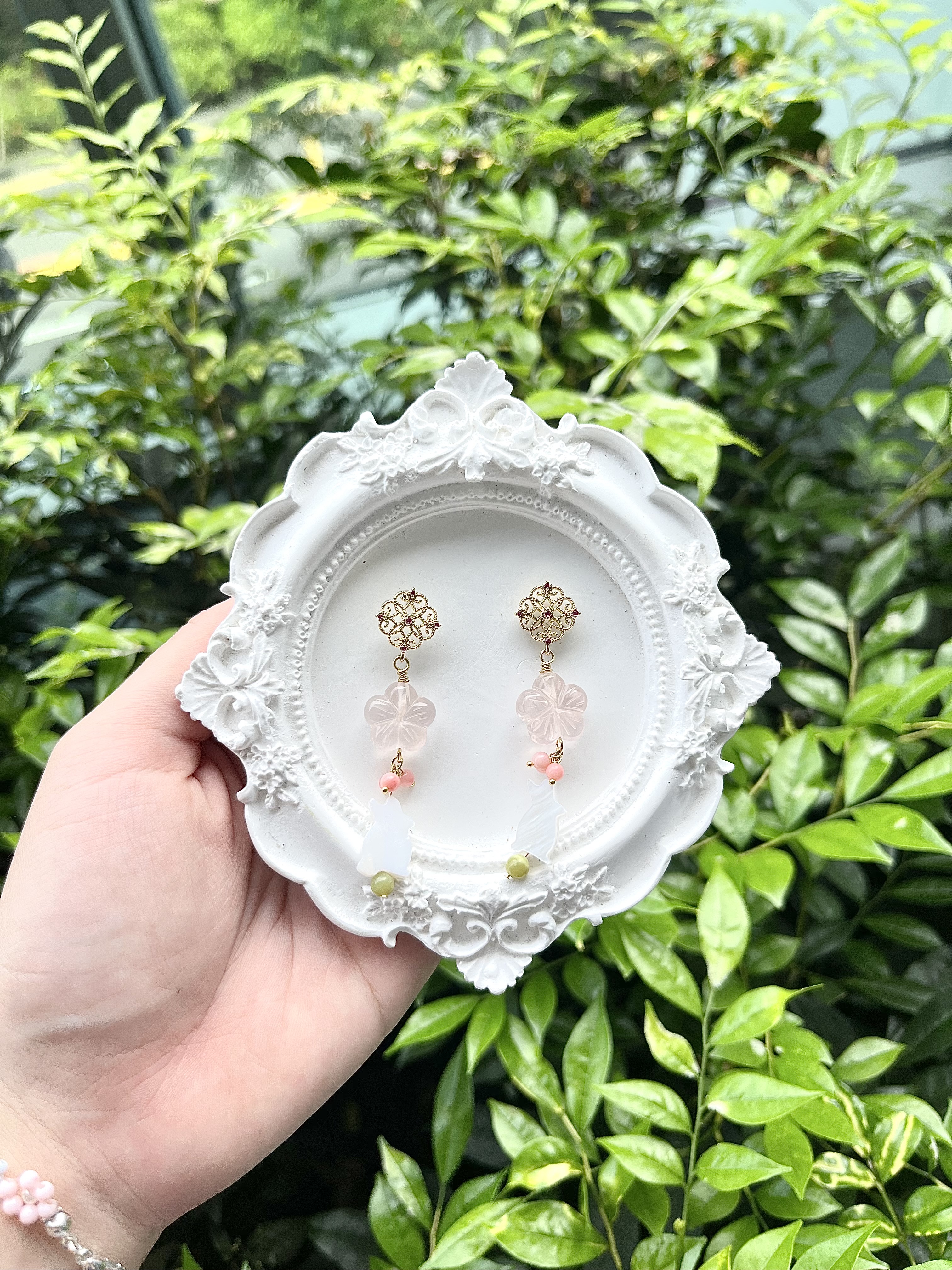 Jade Bunny with Rose Quartz Flower Earring