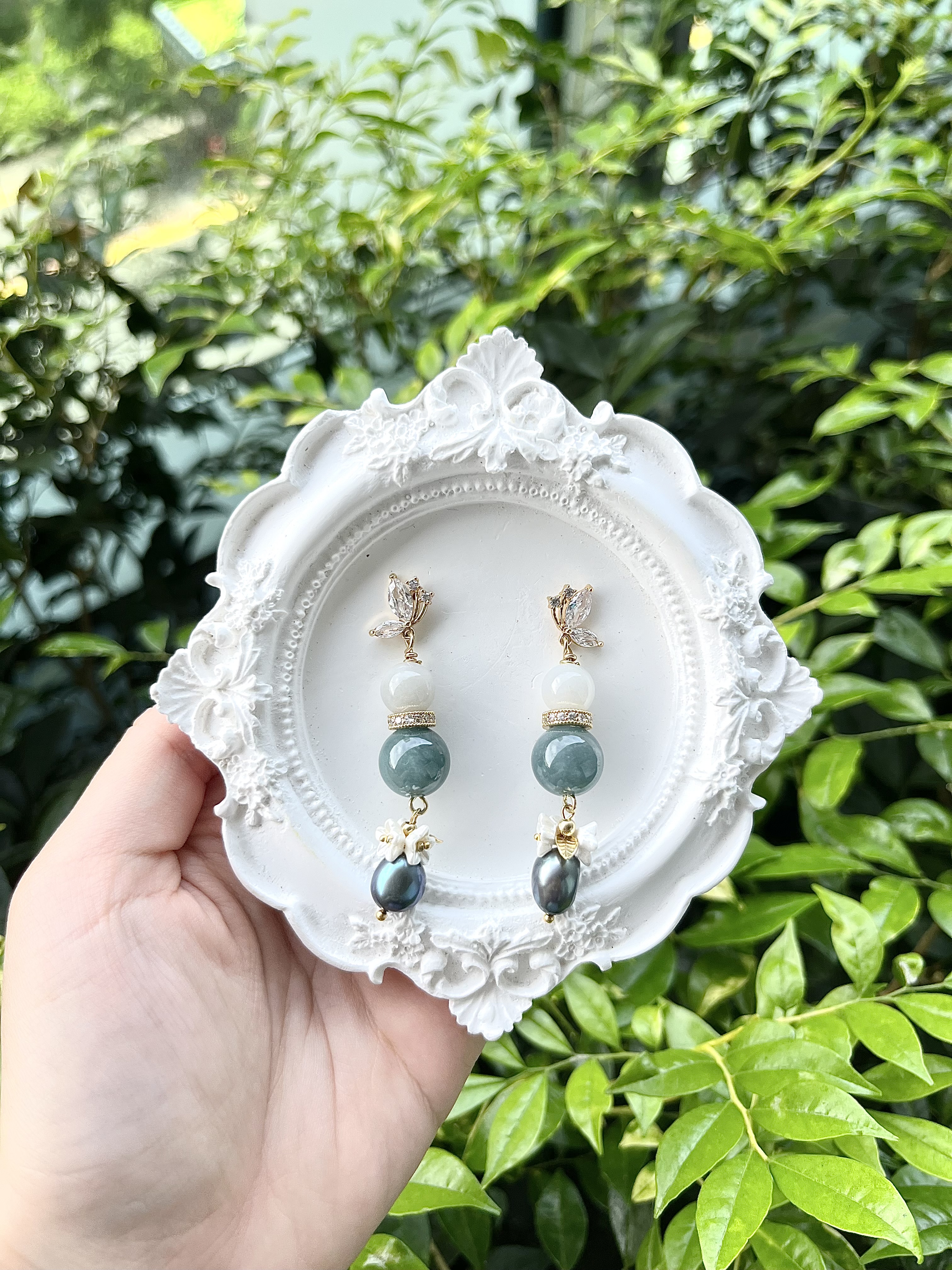 Blue Water and Lavender Jade with Baroque Pearl Earring
