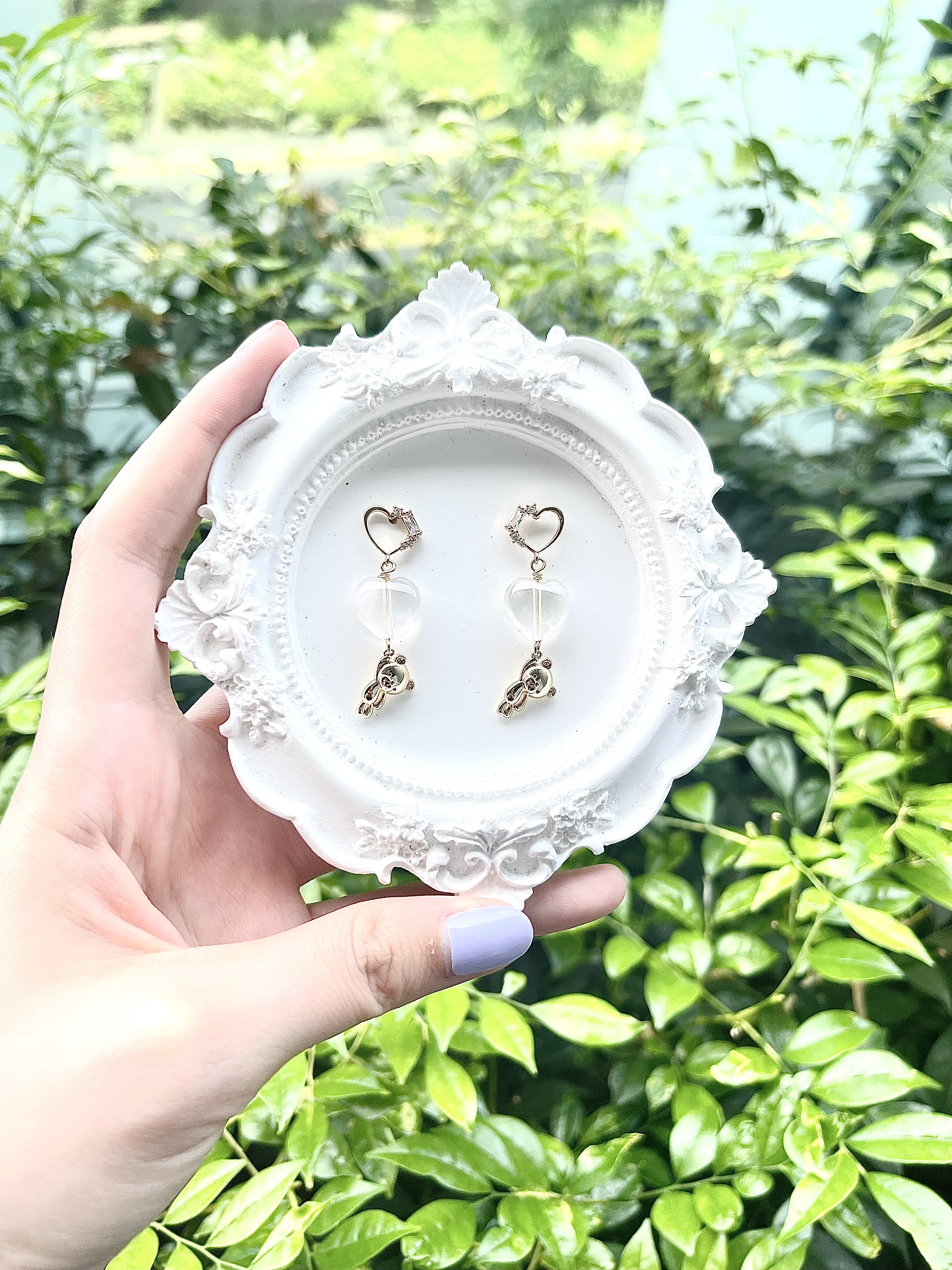 Clear Quartz Hearts with Teddy Bear Earring