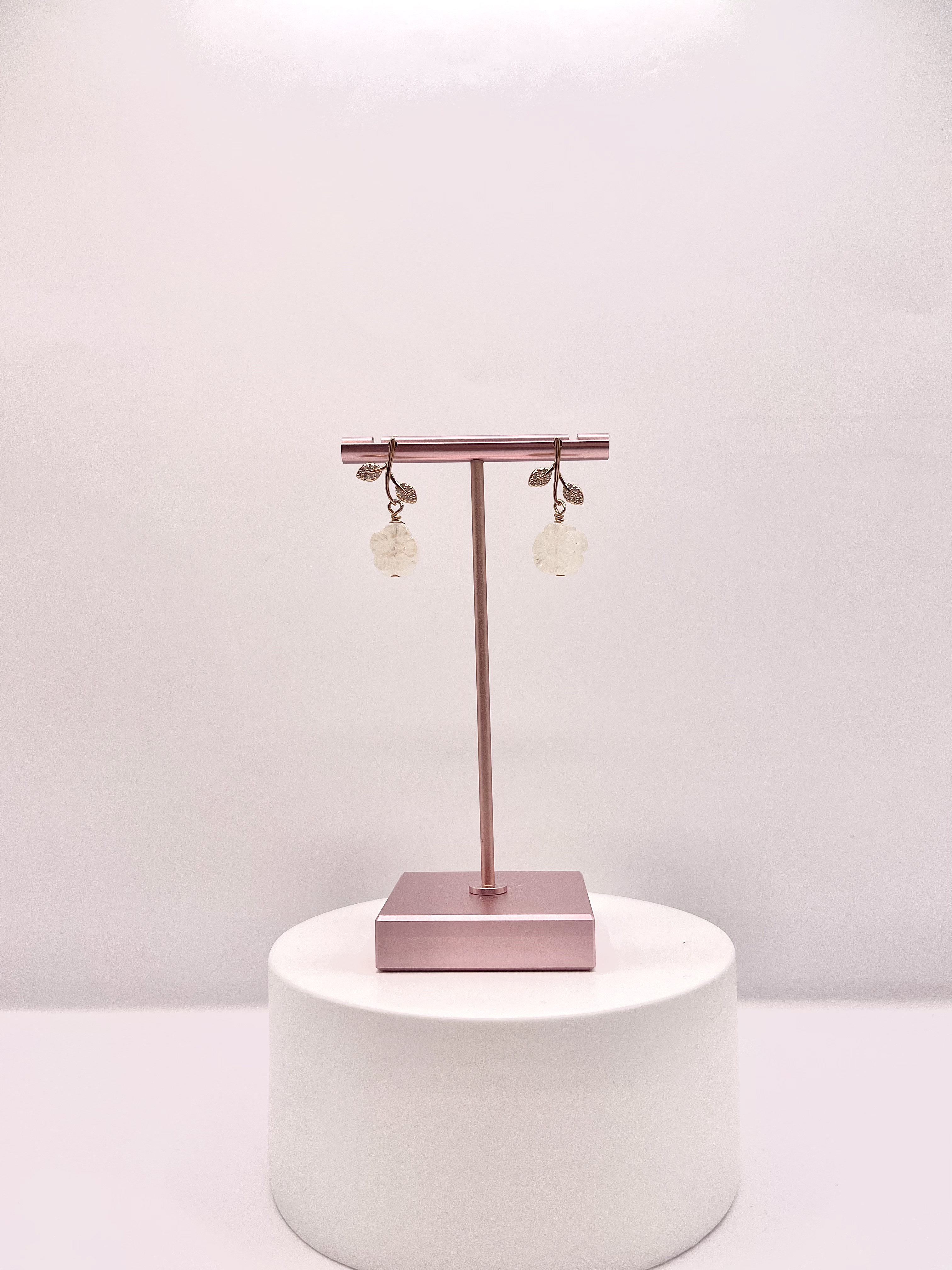 Blue Sheen Moonstone Flower with Leaves Earring