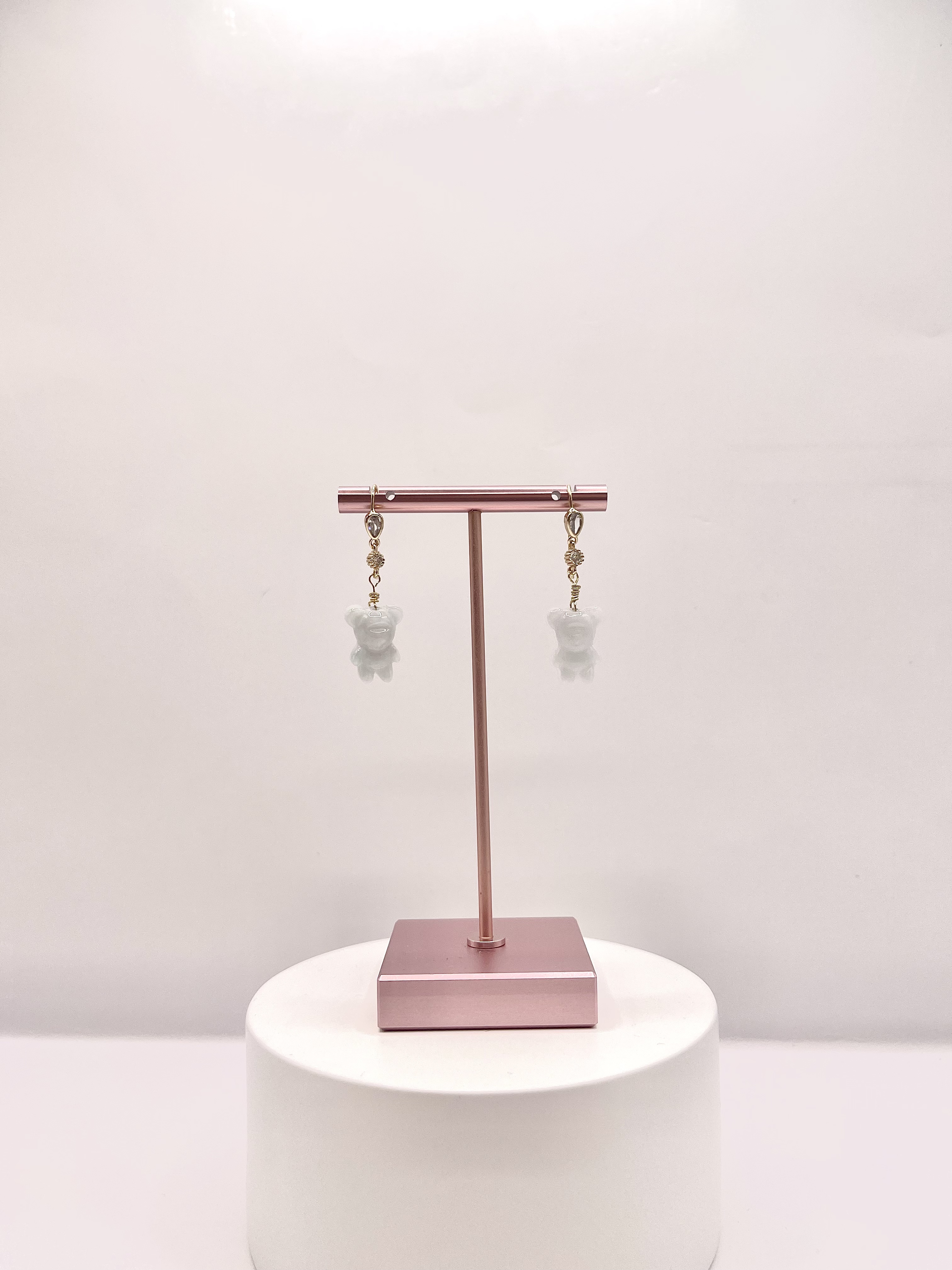 Jade Bear with Gold Flower Hook Earring