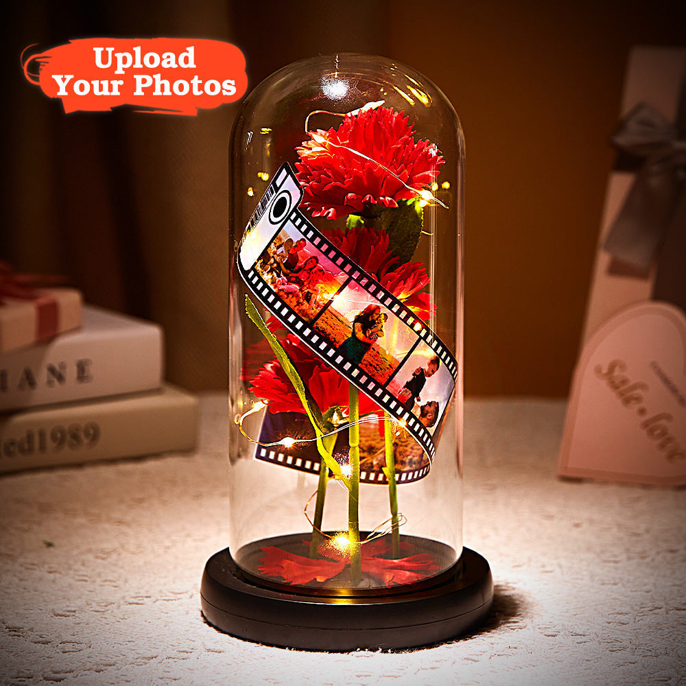 Custom Carnation Flower in Glass Led Lamp Photo Album with Film Black Base Gift for Mother's Day - 