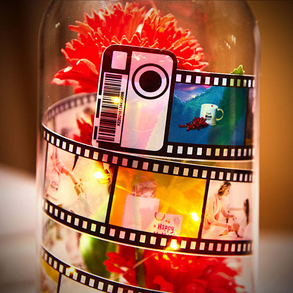Custom Carnation Flower in Glass Led Lamp Photo Album with Film Black Base Gift for Mother's Day - 