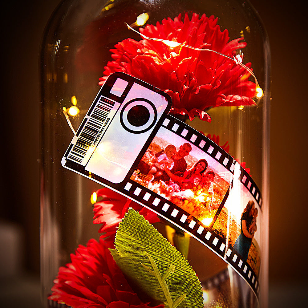 Custom Carnation Flower in Glass Led Lamp Photo Album with Film Black Base Gift for Mother's Day - 