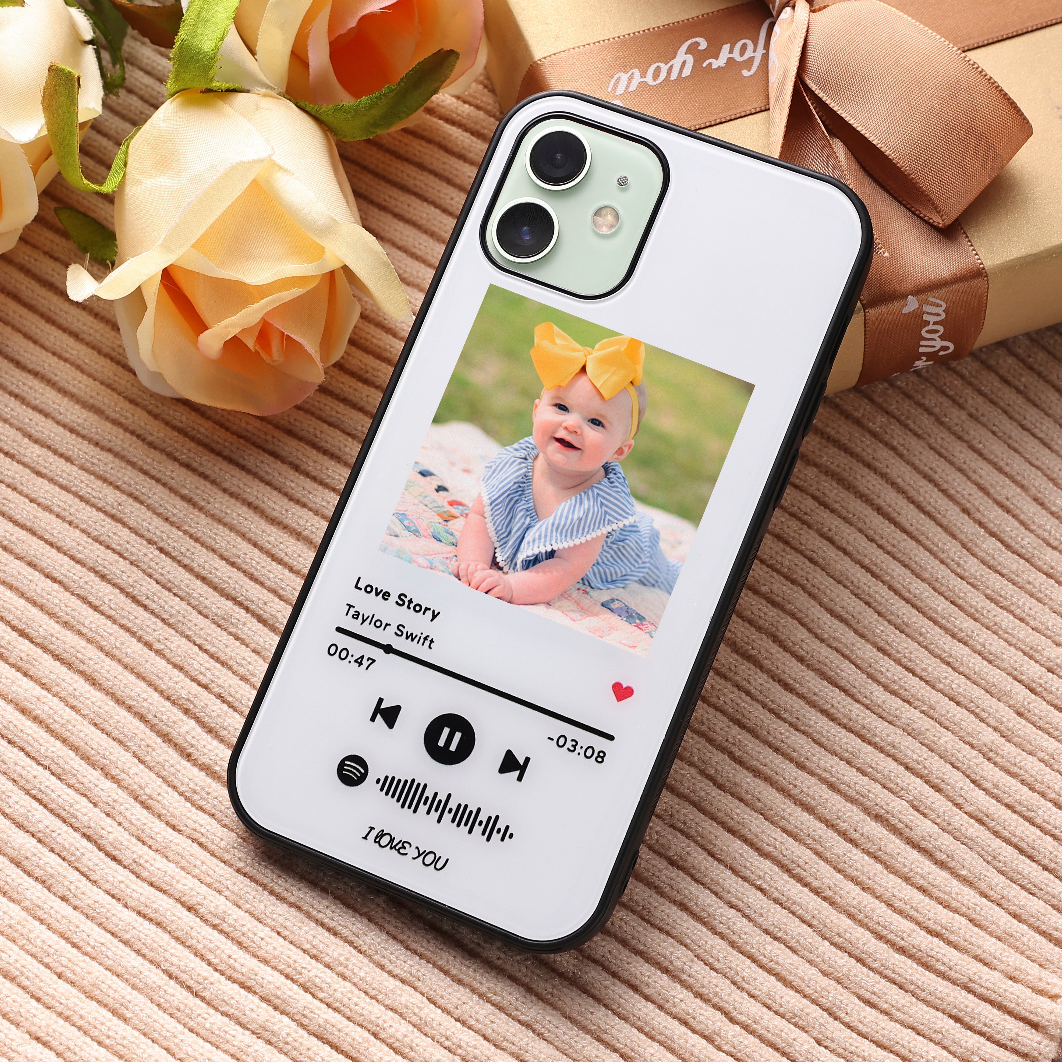 Custom Spotify Code Music iPhone Case with Text Scannable Engraved Custom Music Song Tempered Glass  - White - 