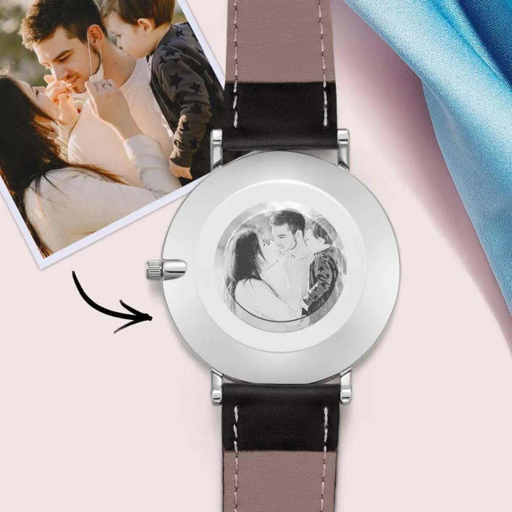 Personalized Photo Engraved Watch Black Leather Strap Men's Gifts