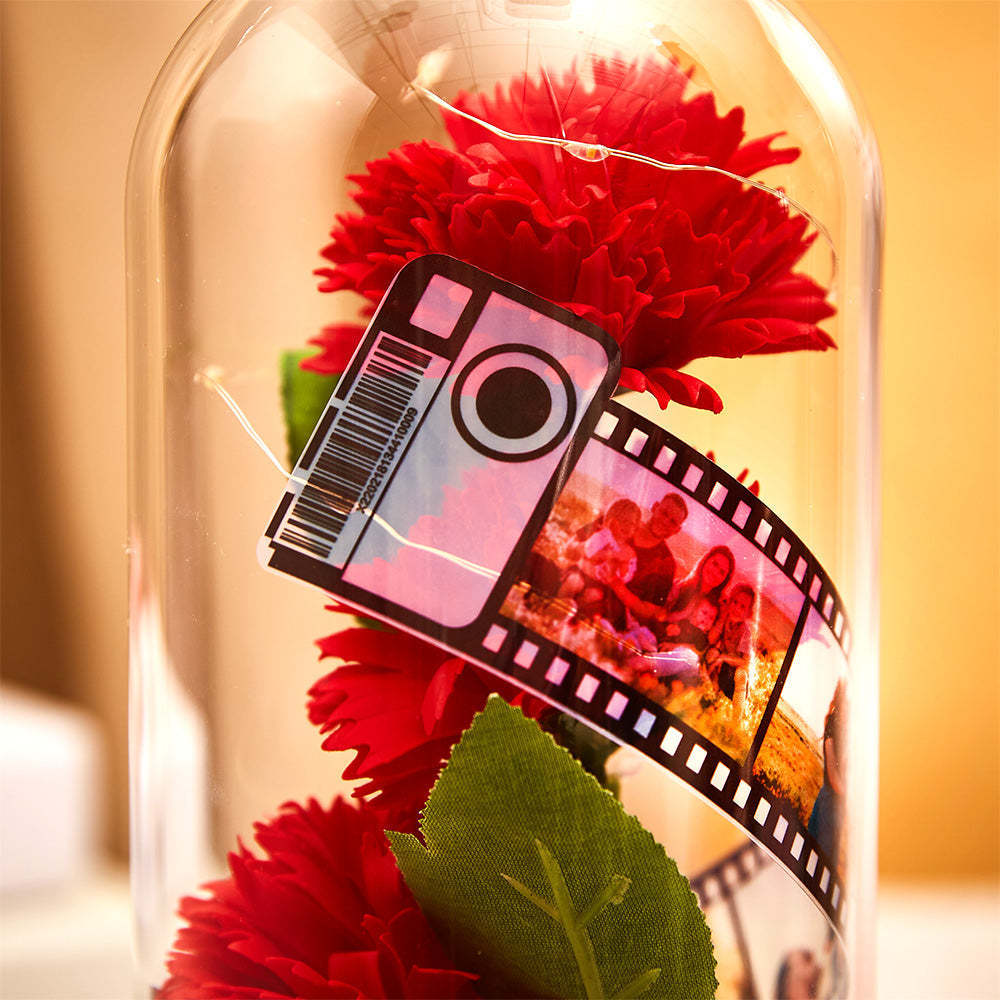 Custom Carnation Flower in Glass Led Lamp Photo Album with Film Black Base Gift for Mother's Day - 
