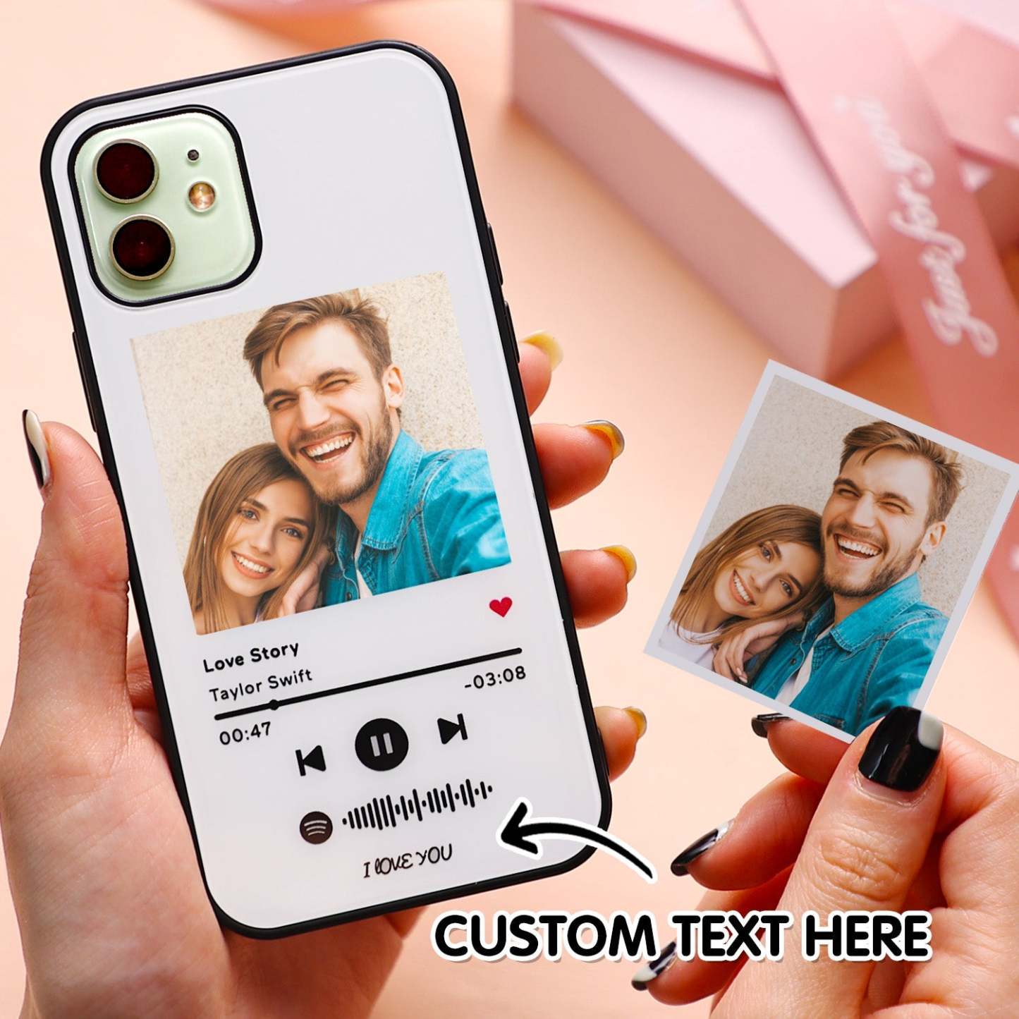 Custom Spotify Code Music iPhone Case with Text Scannable Engraved Custom Music Song Tempered Glass  - White - 