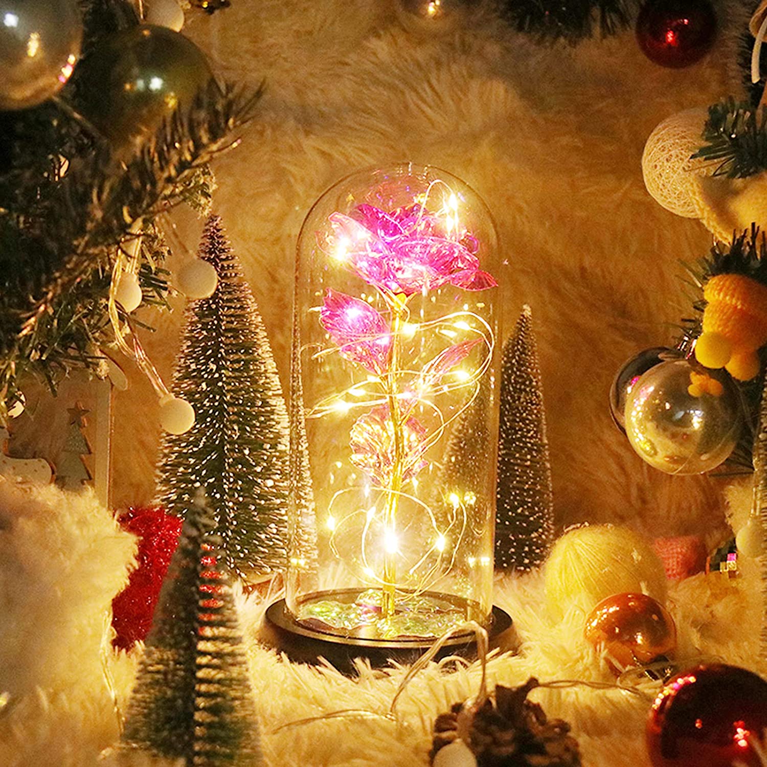 Romantic Simulation Eternal Pink Flower Glass Cover LED  Micro Landscape Gifts at Christmas,  Valentine's Day and Anniversary