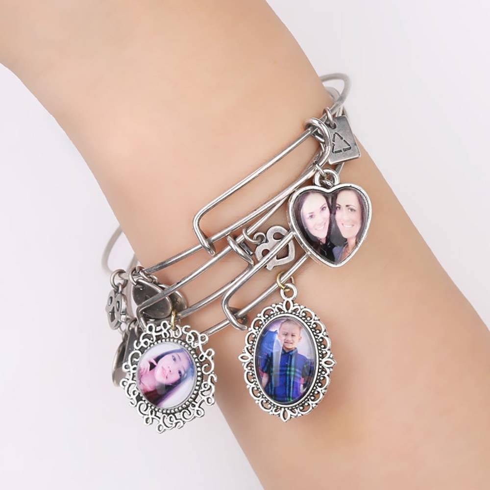 Engraved Complete Heart Photo Charm Bangle Special Alloy - soufeelus