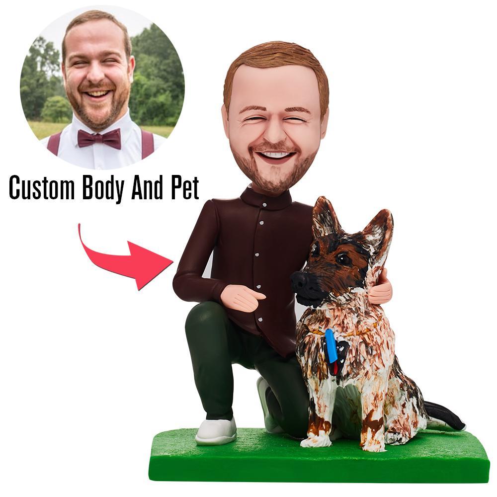 Fully Customizable Man And Pet Custom Bobblehead With Engraved Text -