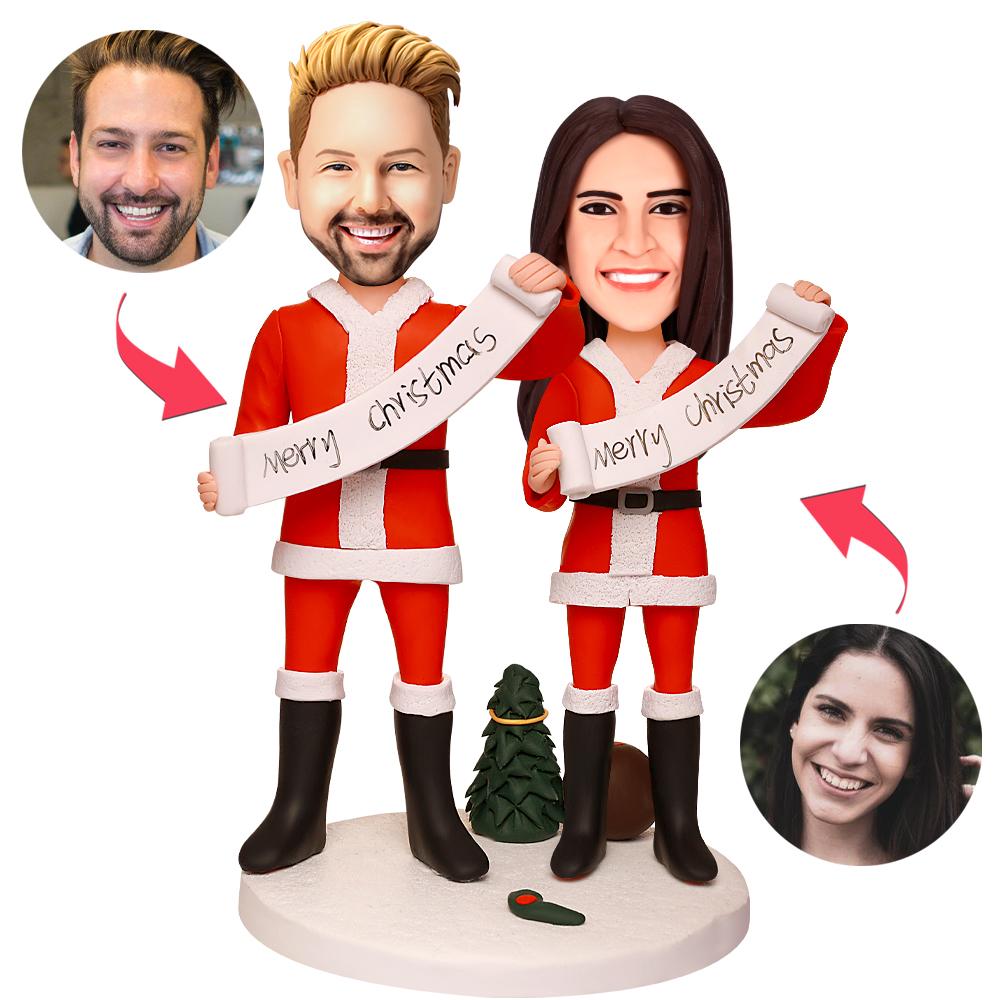 Merry Christmas - Custom Bobblehead Family Gifts Double Heads Customized With Engraved Text - 