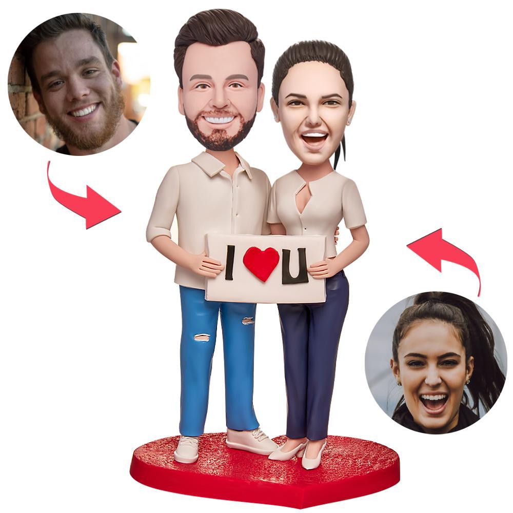 The Couple with The I LOVE U Sign Custom Bobblehead With Engraved Text - 