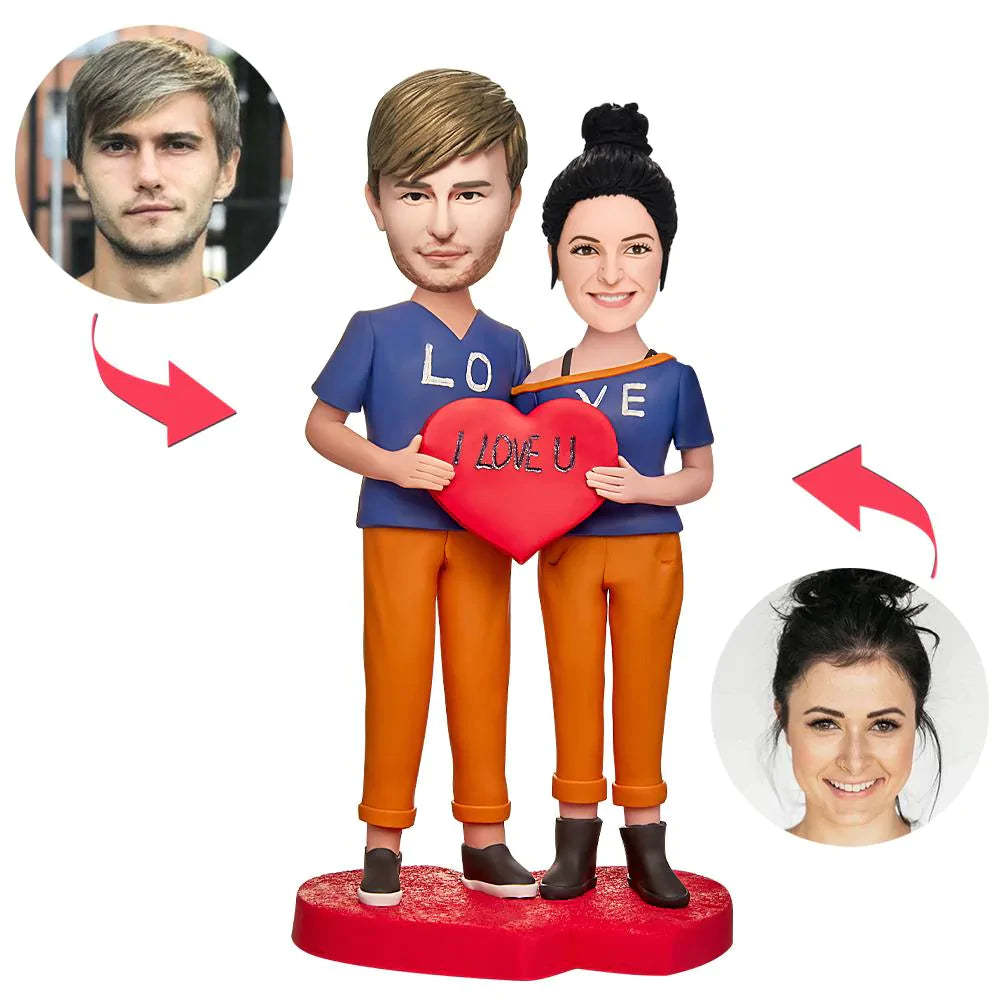 The Couple with The I LOVE U Sign Custom Bobblehead Gift for Lover - soufeelmy