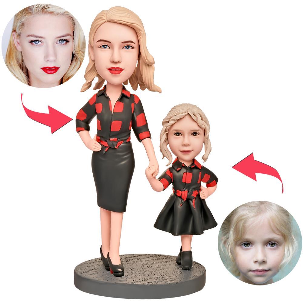 Mothers Day Gift Mother and daughter in Plaid Custom Bobblehead with Engraved Text - 