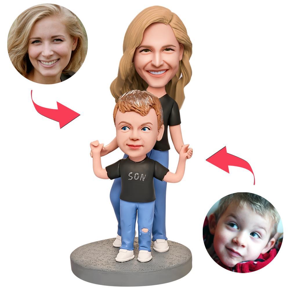 Mothers Day Gift Mother and Son in Black Shirts Custom Bobblehead with Engraved Text - 