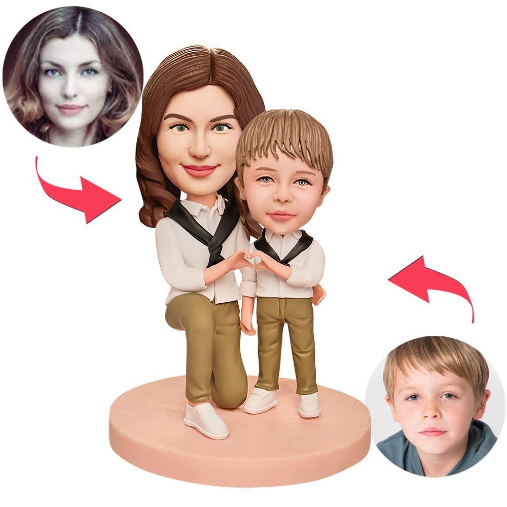 Mothers Day Gift Mother and Son Make a Heart Custom Bobblehead with Engraved Text - 