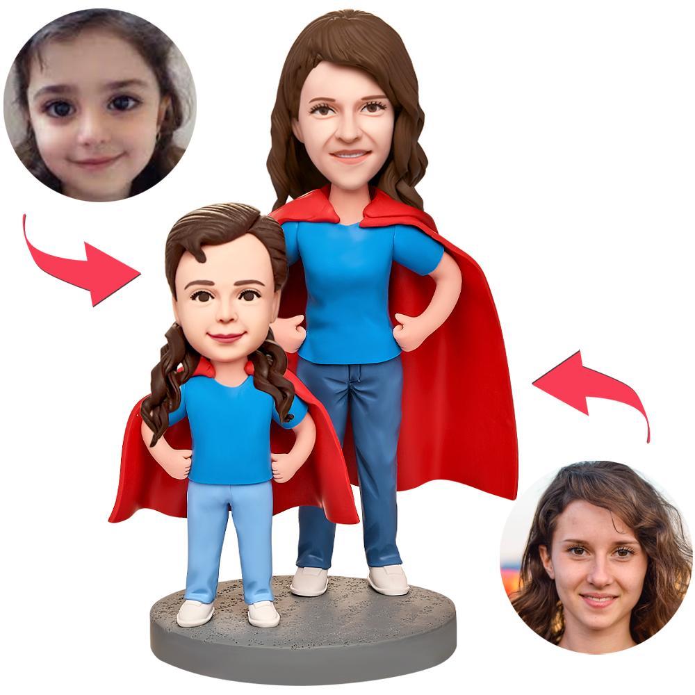 Mothers Day Gift Super Mother and Daughter Custom Bobblehead with Engraved Text - 