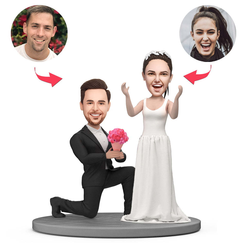 Proposing Couple Holding Flowers Custom Bobblehead with Engraved Text - soufeelmy