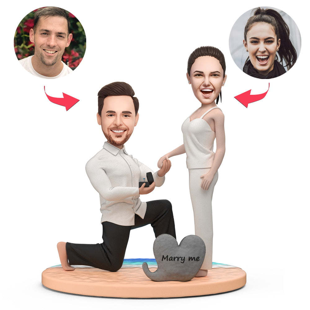 Proposing Couple On The Beach Custom Bobblehead with Engraved Text - soufeelmy