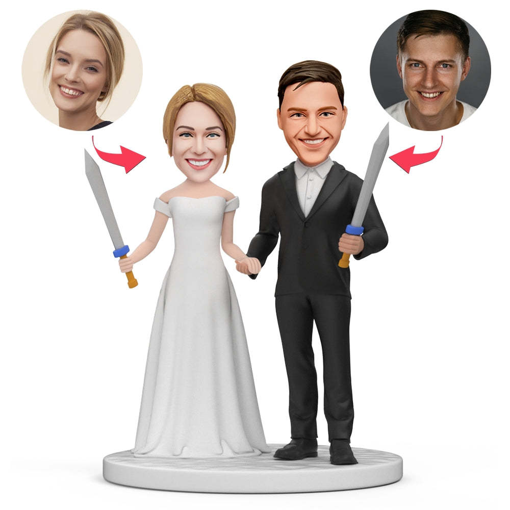 Groom Bride Holding Sword Fighting Custom Bobblehead With Engraved Text - soufeelmy