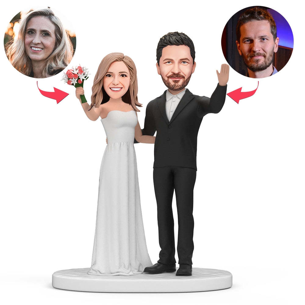Groom Bride Waving hands With Flowers Custom Bobblehead With Engraved Text - soufeelmy