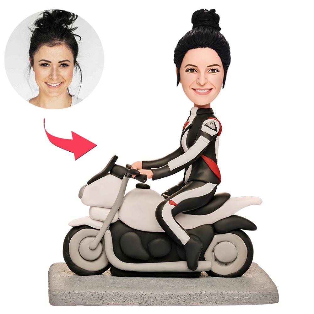 Female Motorcyclist Custom Bobblehead With Engraved Text -