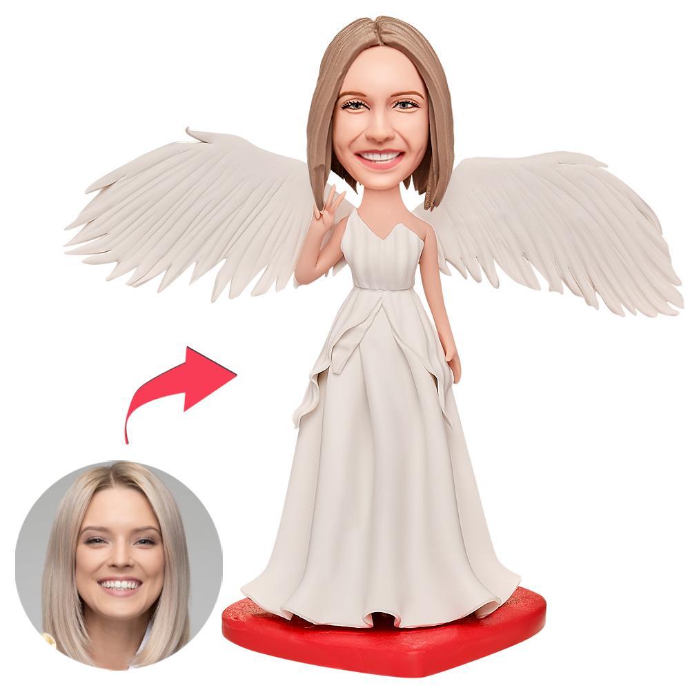 Female White Dressing with Wings Custom Bobblehead With Engraved Text -