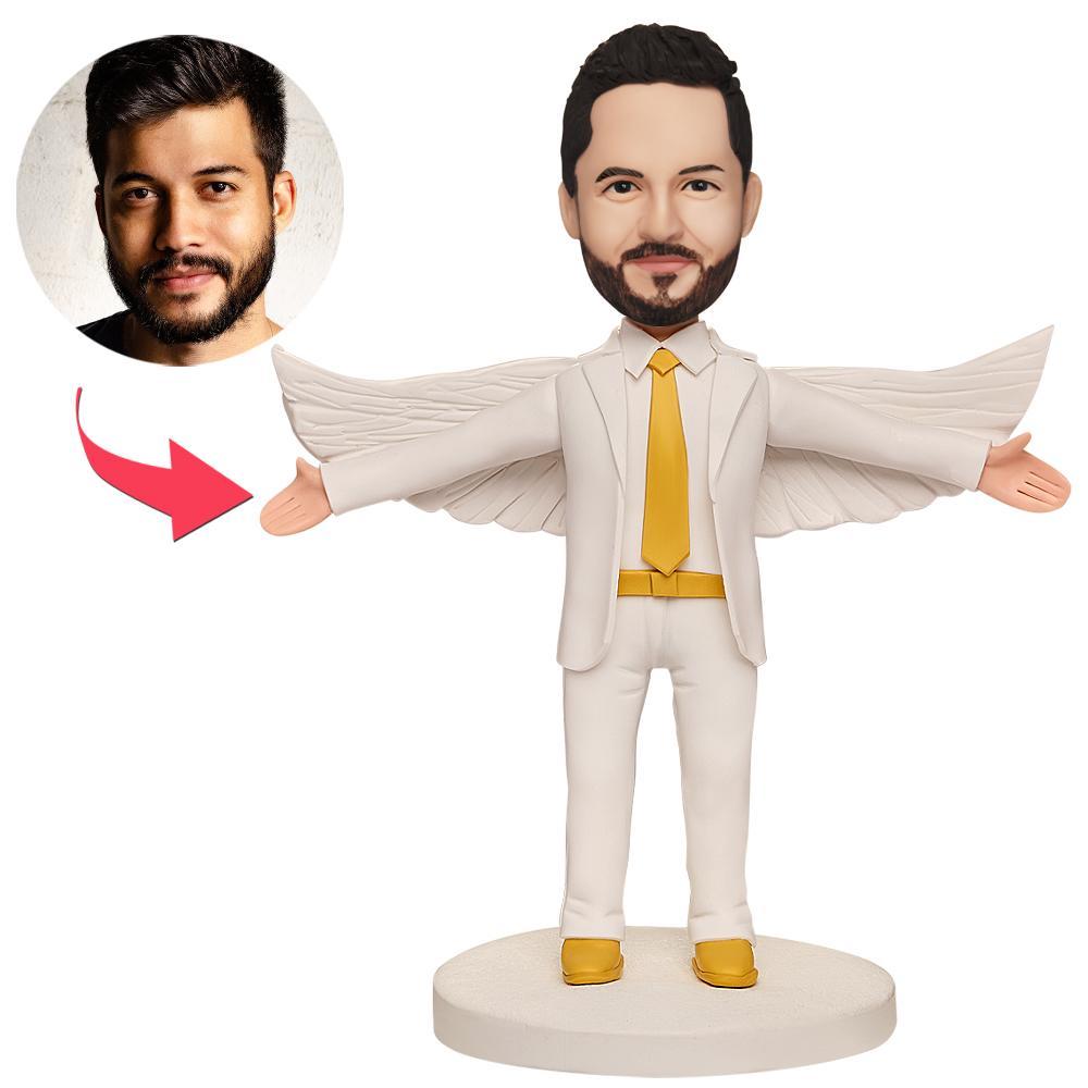 Male White Suit with Wings Custom Bobblehead With Engraved Text -