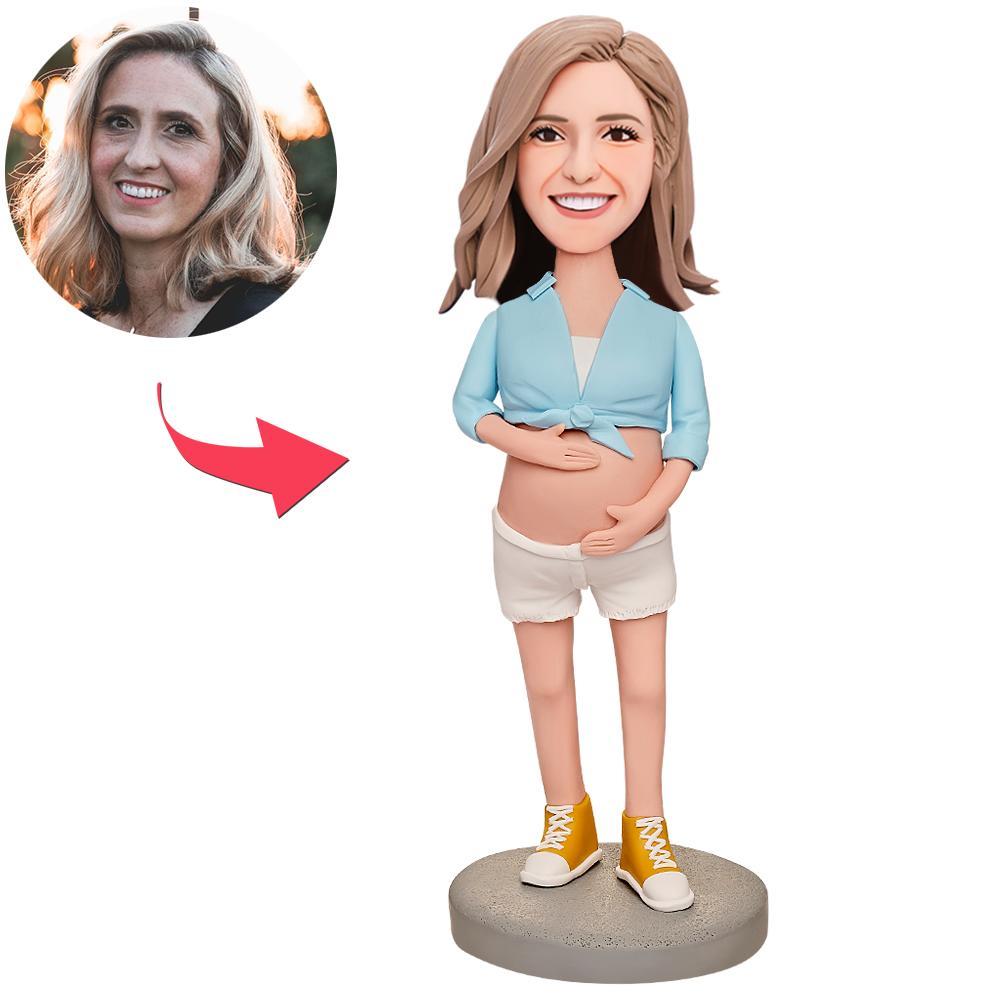 Mother's Day Gift Pregnant Woman in Blue Custom Bobblehead with Engraved Text -