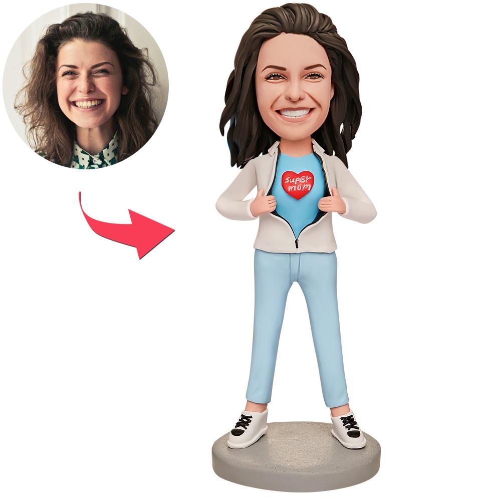 Mother's Day Gift Super Mom in White Coat Custom Bobblehead with Engraved Text - 