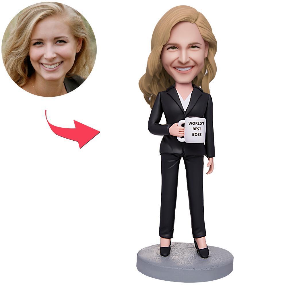 World's Best Boss Business Woman Holding A Water Glass Custom Bobblehead With Engraved Text -