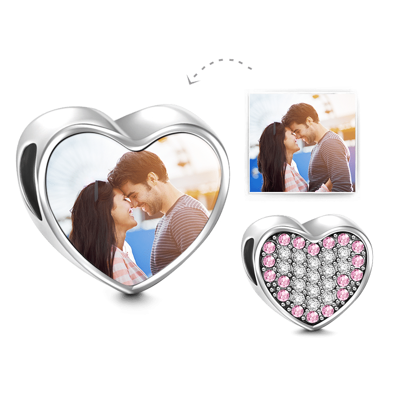 Pave Pink Swarovski Crystal Heart Photo Charm Silver - soufeelus