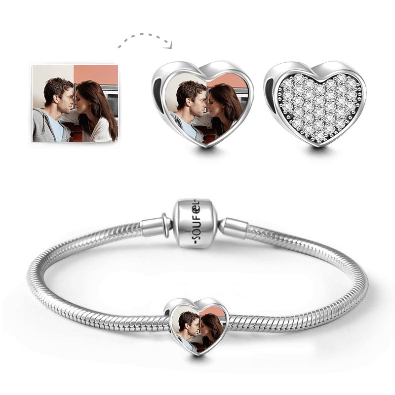 Soufeel Snake Chain Bracelet with Pave CZ Heart Photo Charm Silver - 