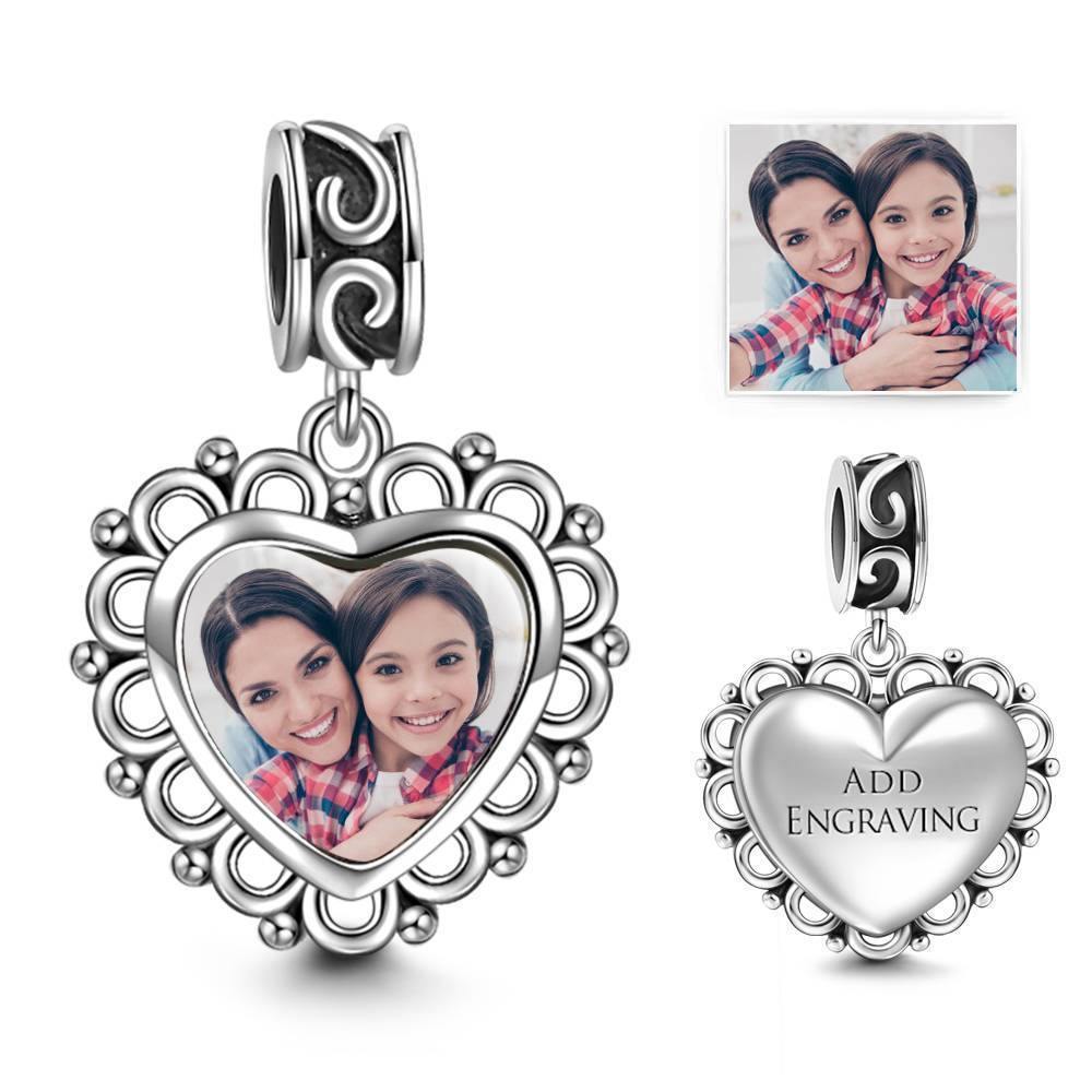Mothers Day Gift - Heart Dangle Engraved Photo Charm Silver - 