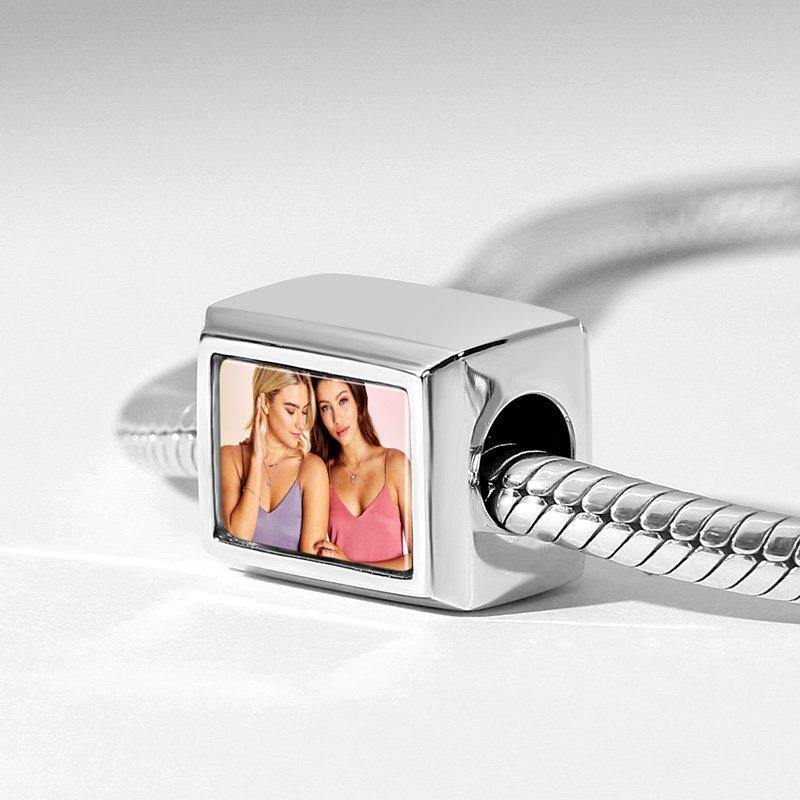 Cuboid Shaped Engraved Photo Charm Silver - soufeelus